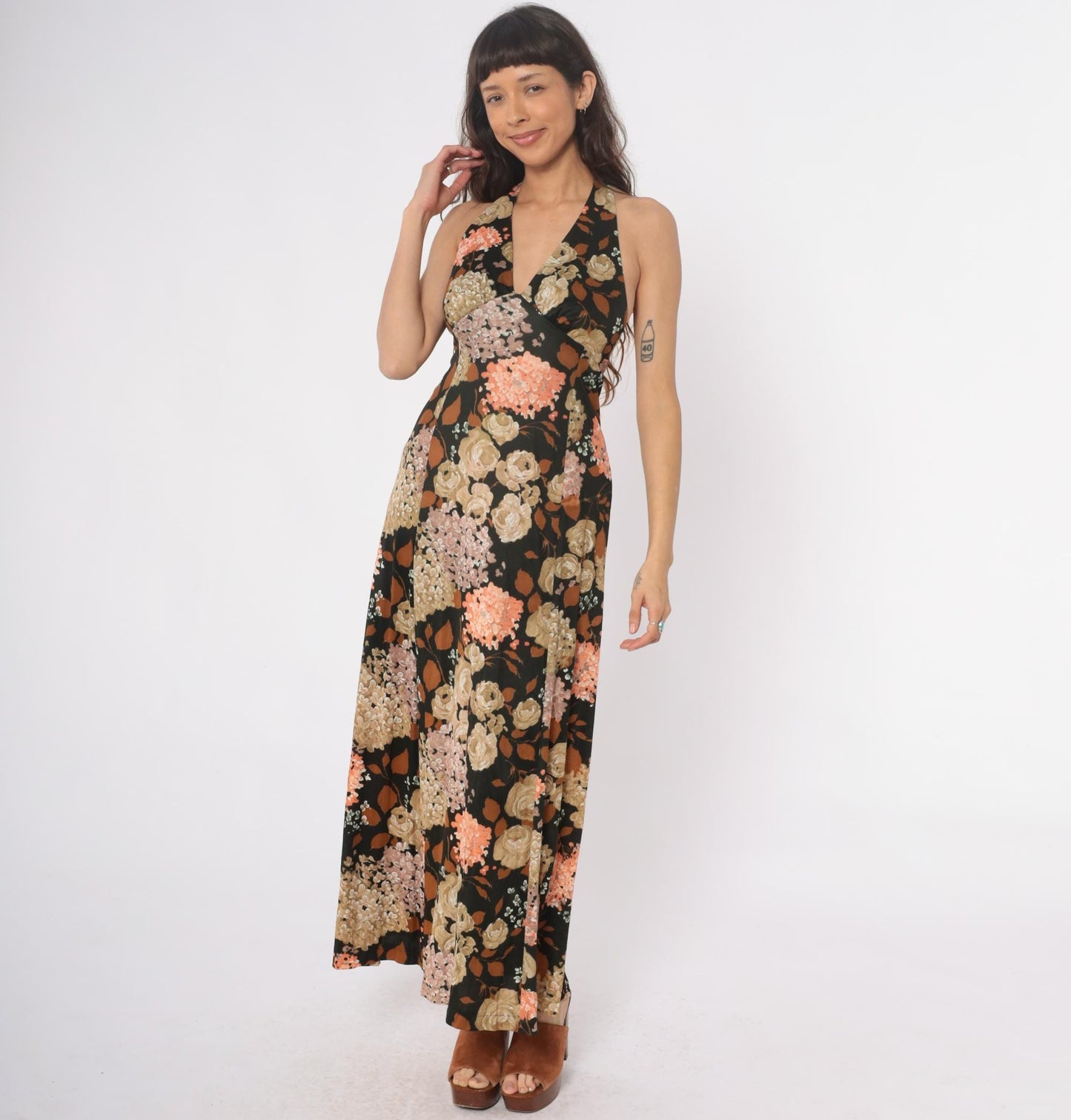 70s Dark Green Floral Halter Maxi Dress Deep V Sleeveless Small