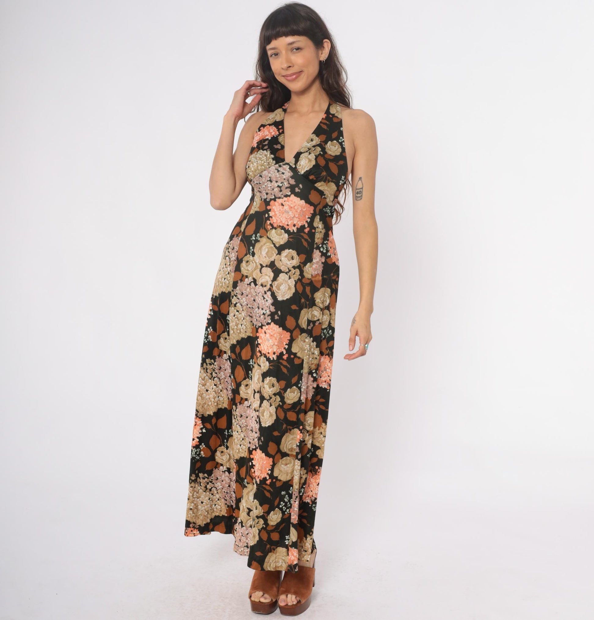 70s Dark Green Floral Halter Maxi Dress Deep V Sleeveless Small