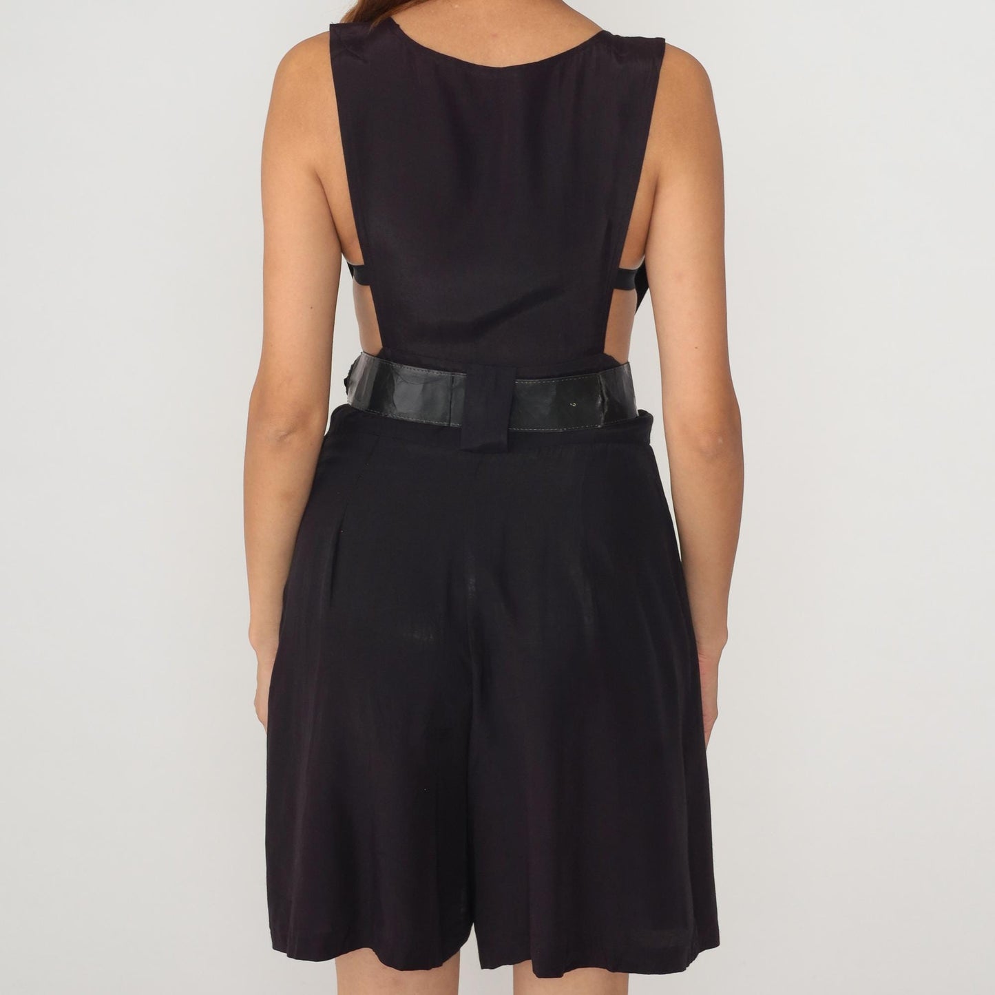80s Black Romper Knee-Length Geometric Print Belted Shorts Small S