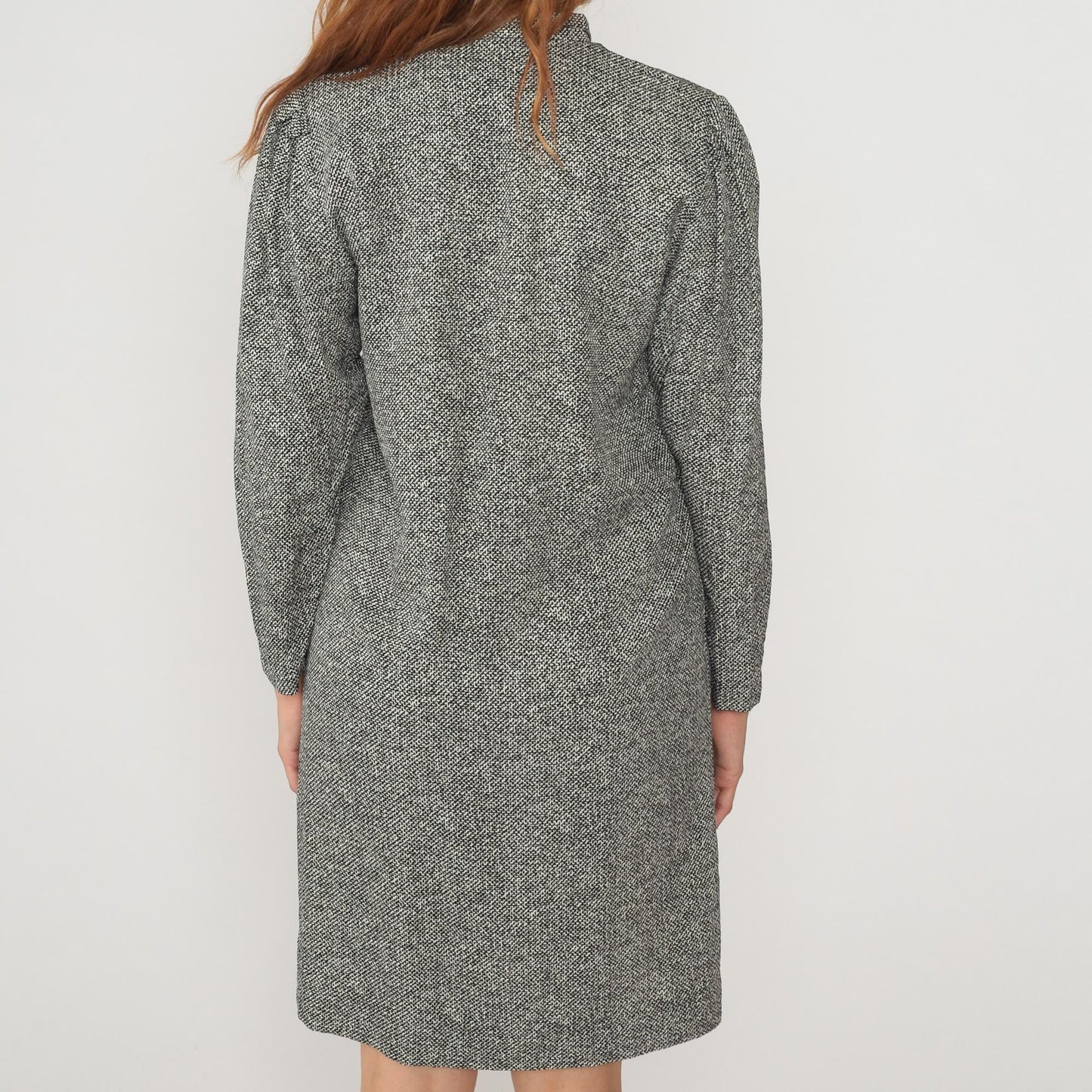 80s Claire Barrat Black White Tweed Shirt Dress Knee Length Collared Large