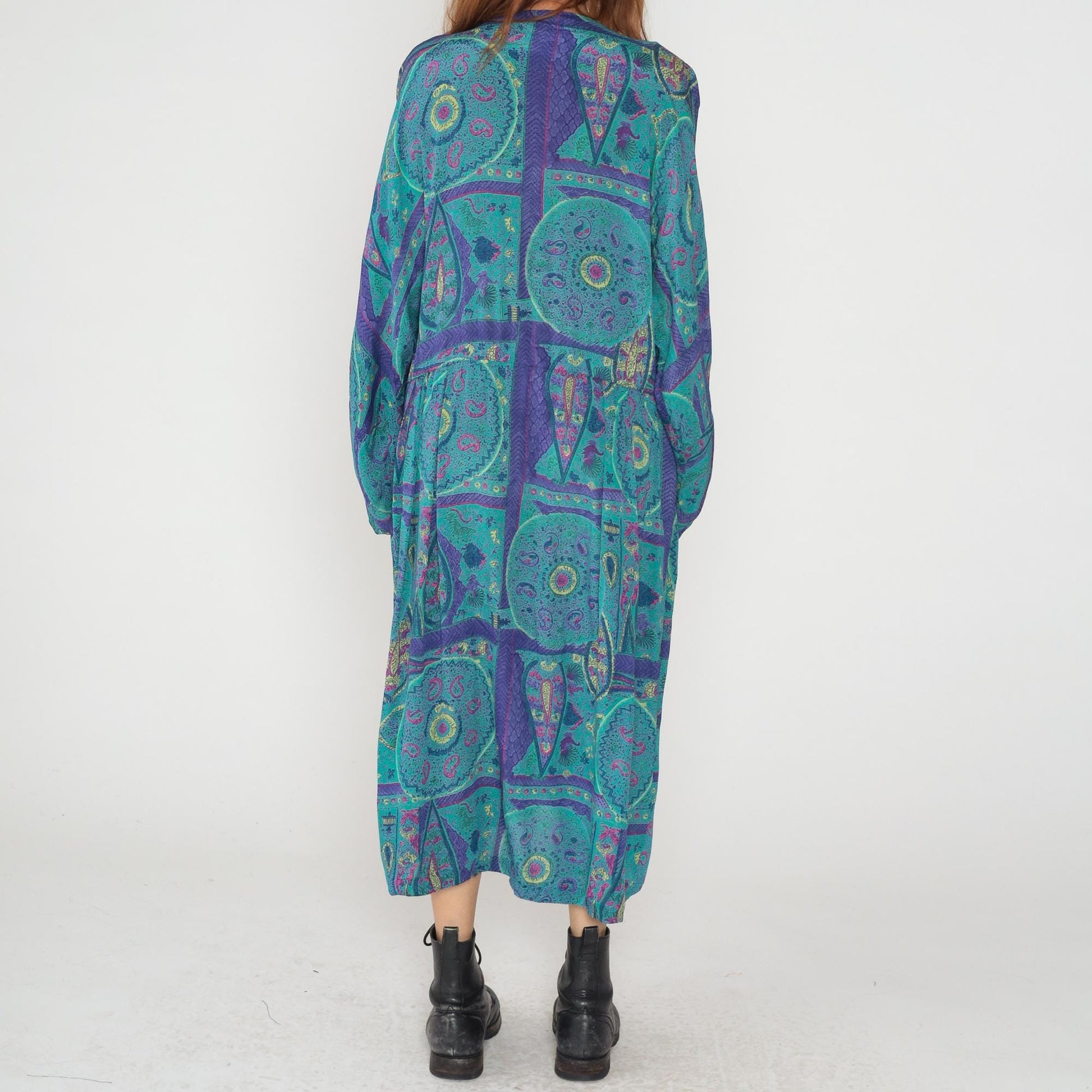 80s Paisley Maxi Dress Turquoise Purple Geometric Print Long Sleeve Extra Large