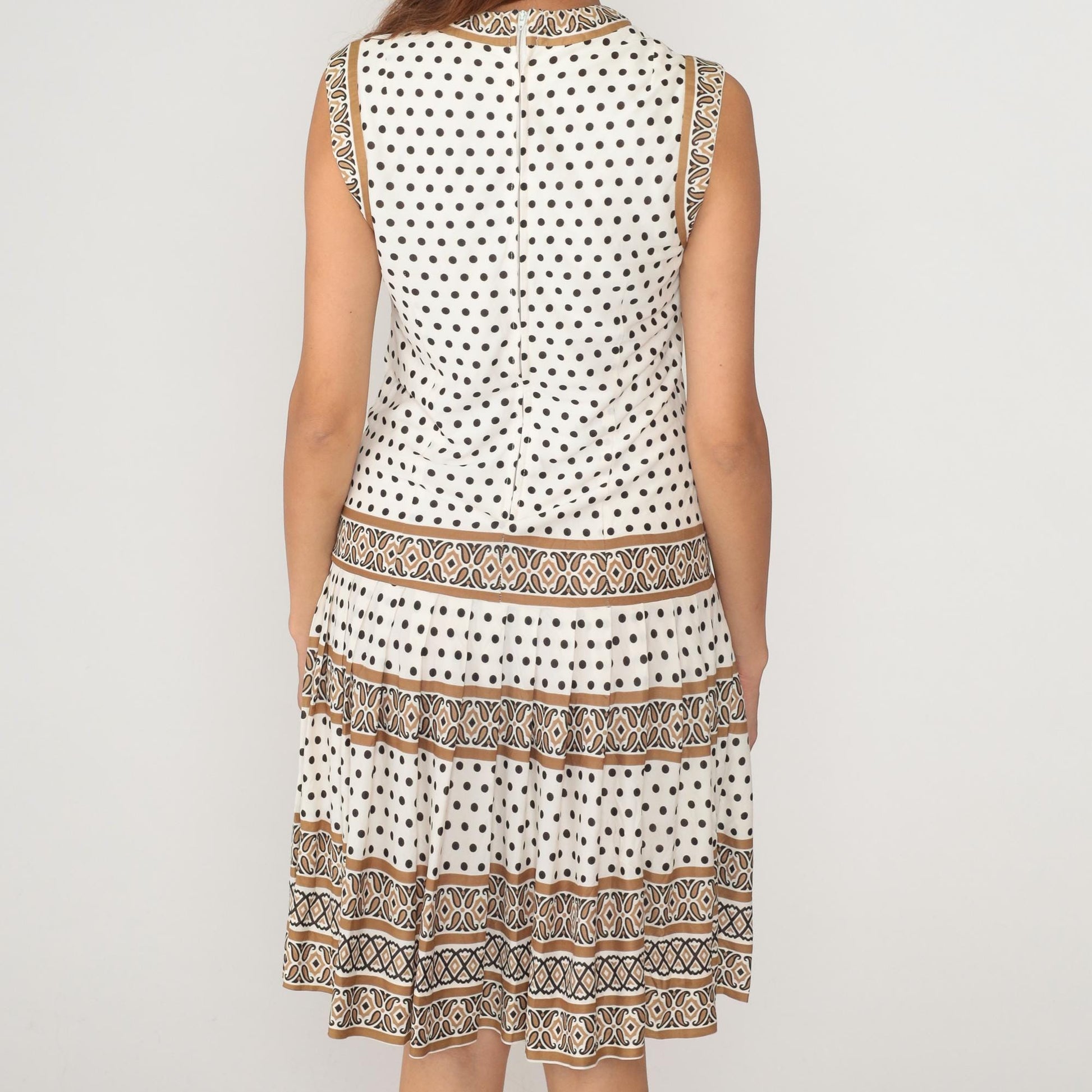 60s Sacony Ciella Drop Waist Shift Dress Cream Brown Polka Dot Small
