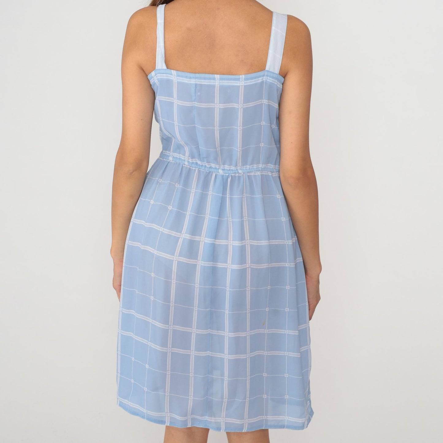 80s Light Blue Windowpane Check Sundress Square Neck Spaghetti Straps Small