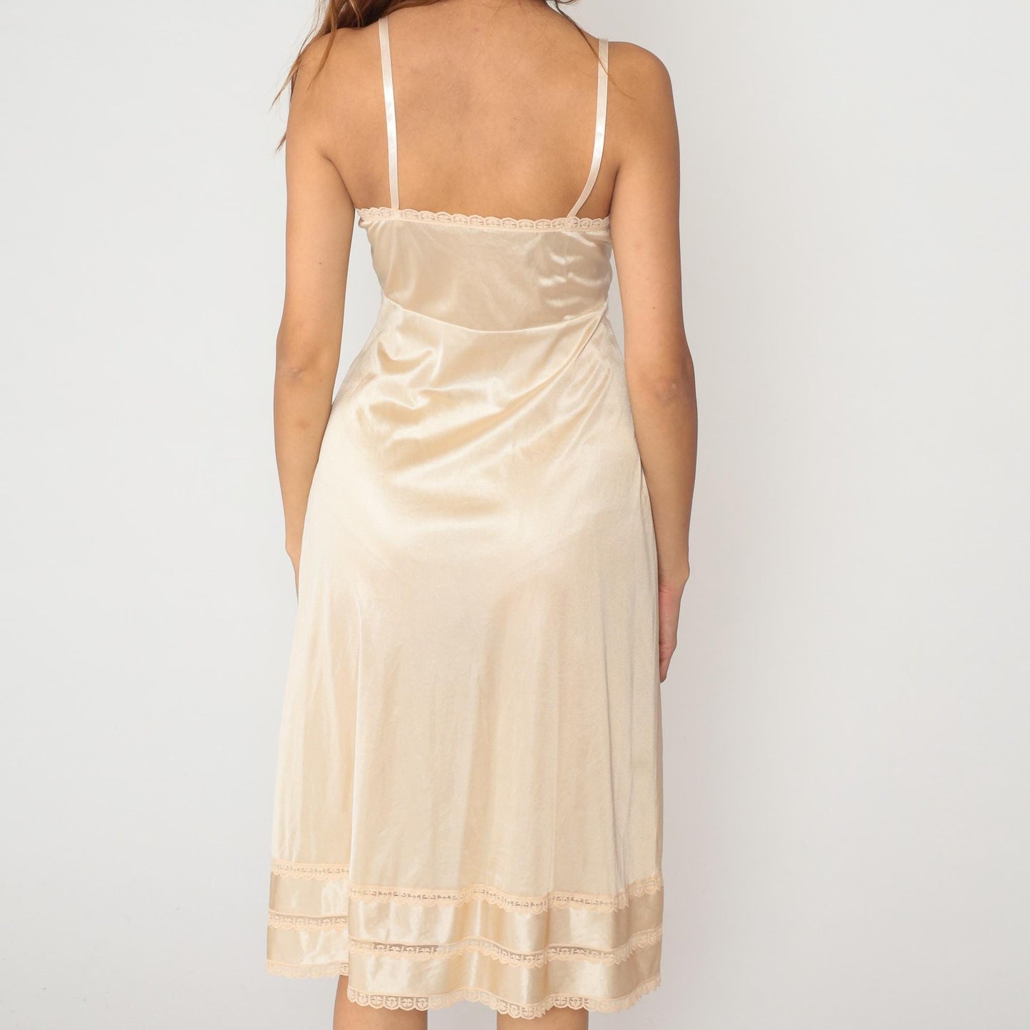 70s Cream Satin Slip Dress Sears Lace Trim Spaghetti Strap Small
