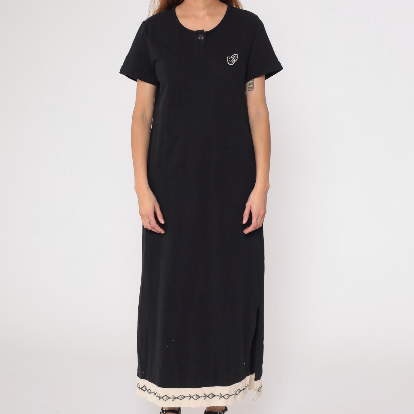 90s Black Cotton Maxi Dress Short Sleeve Embroidered Contrast Hem Medium M