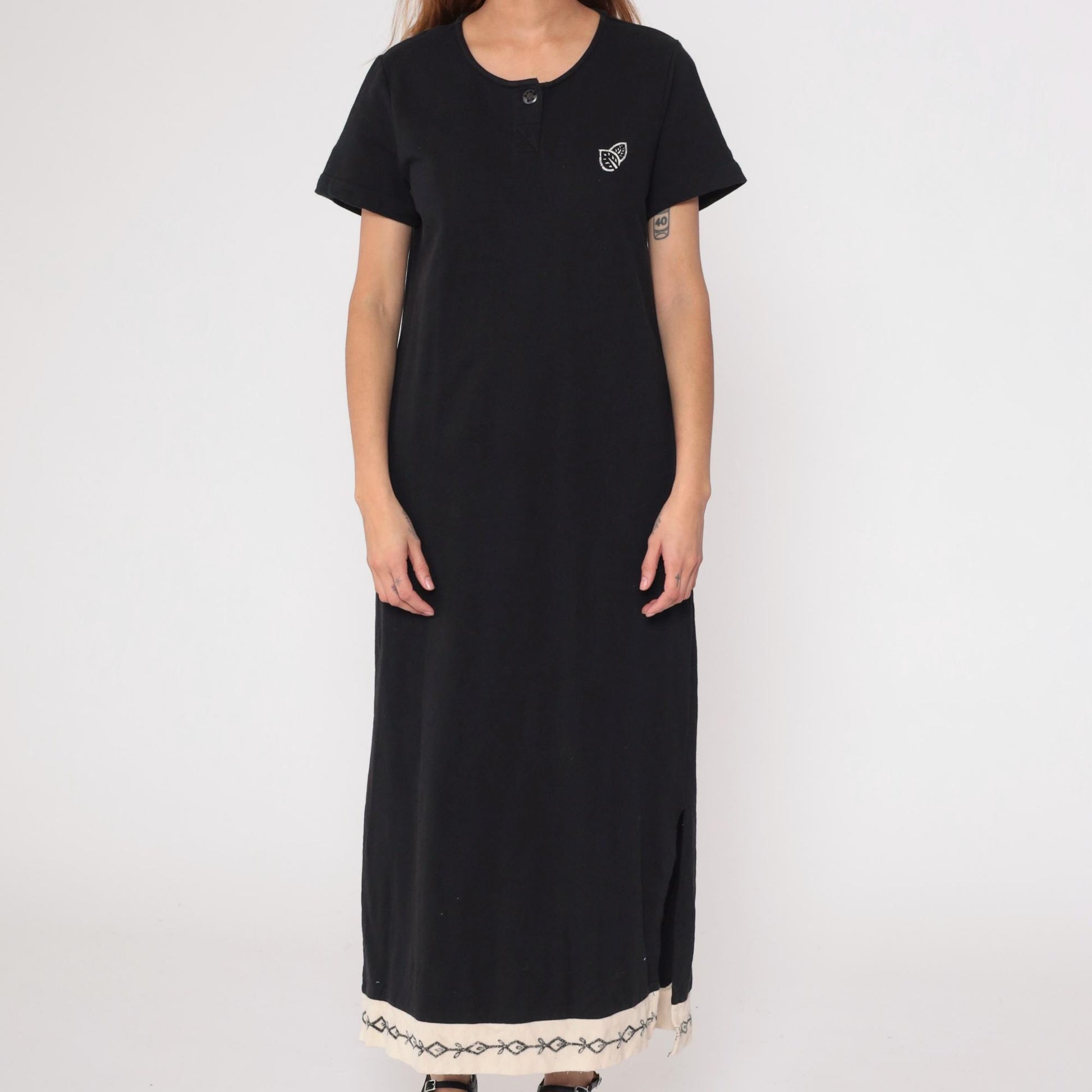 90s Black Cotton Maxi Dress Short Sleeve Embroidered Contrast Hem Medium M