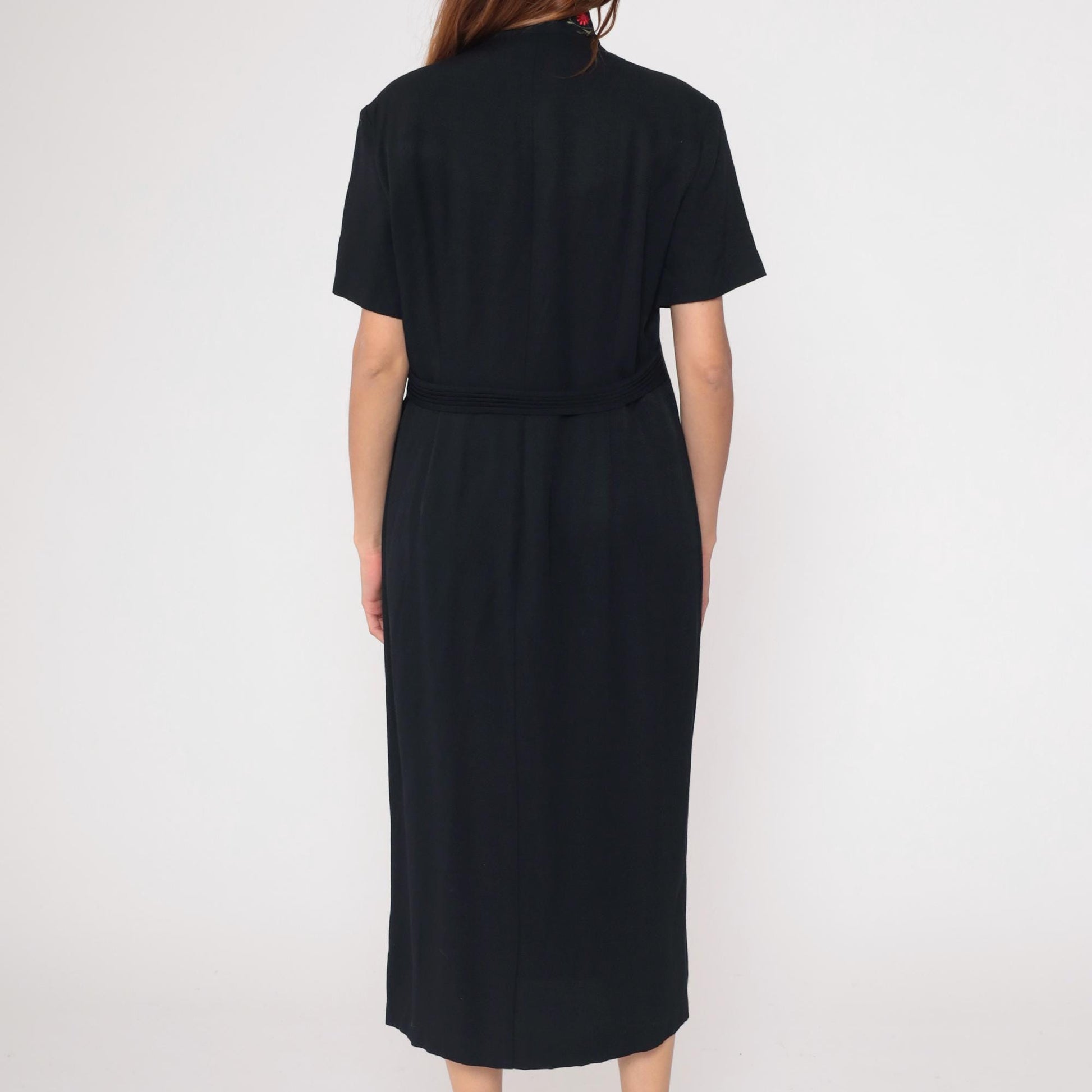 90s SL Fashions Black Midi Dress Mandarin Collar Embroidered Floral Keyhole Large L