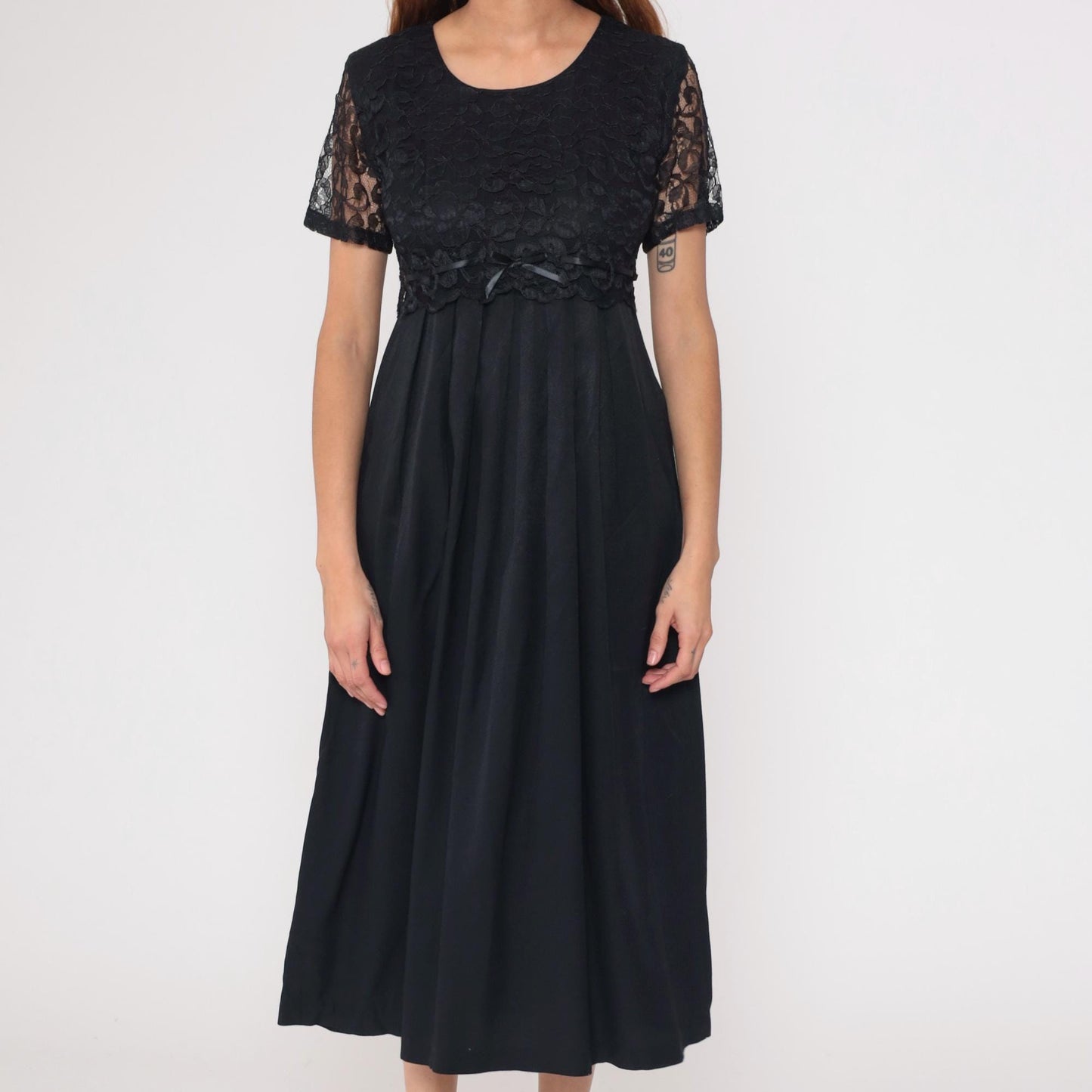 90s Black Lace Empire Waist Midi Dress Bow Detail Medium M