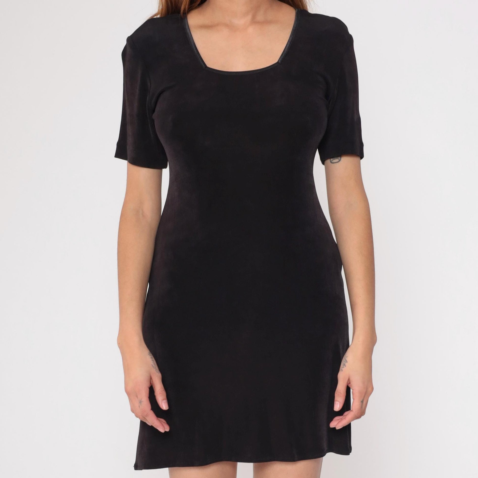 90s Black Mini Dress Rabbit Rabbit Rabbit Scoop Neckline Short Sleeve Medium