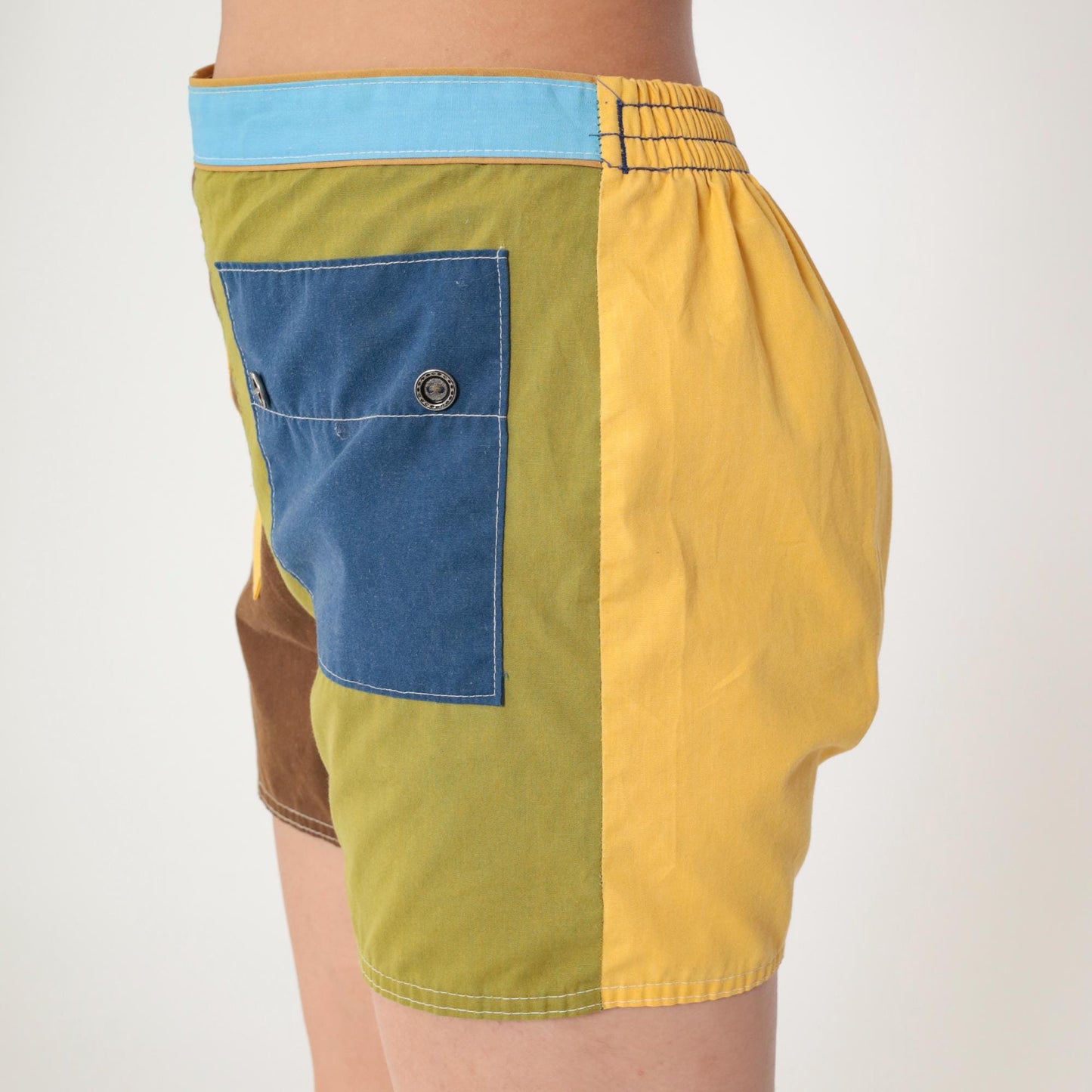 80s Colorblock Shorts Yellow Navy Brown Chartreuse High Waist Cotton Medium