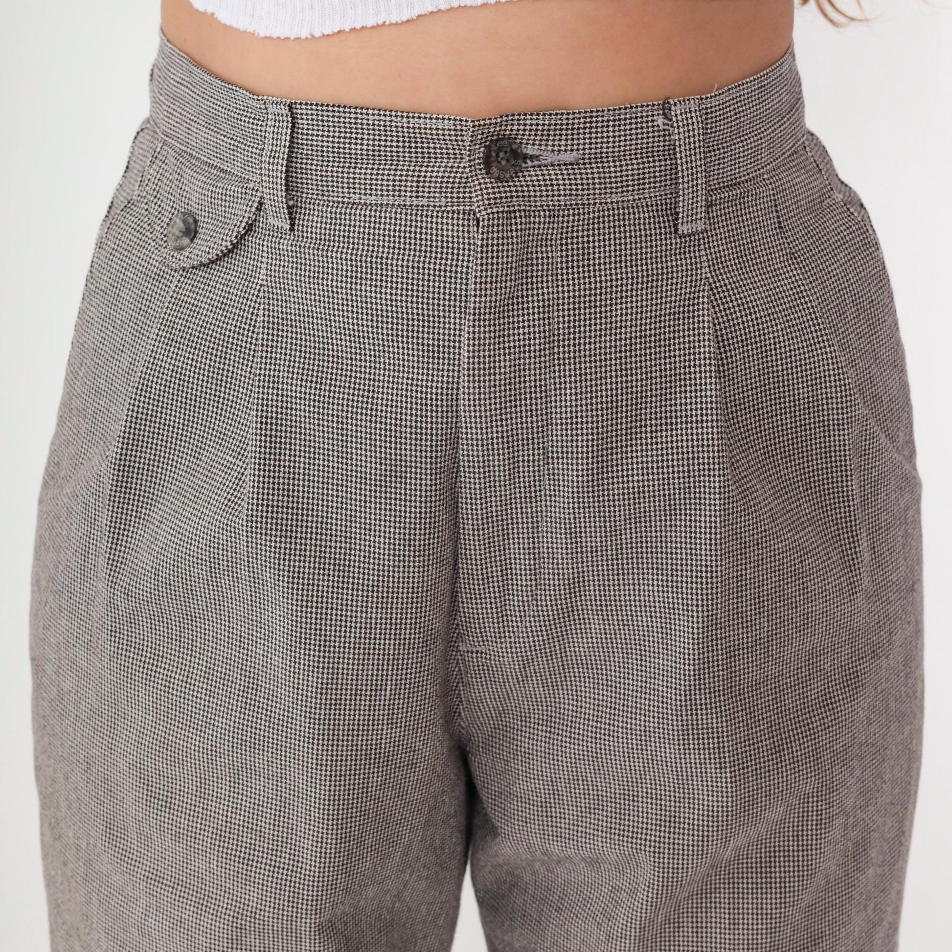 80s Lee Casuals Gray Houndstooth High Waist Tapered Ankle Trousers 29