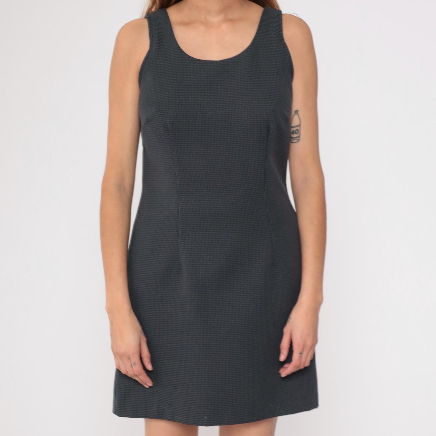 90s Houndstooth Shift Dress Black Grey Scoop Neck Sleeveless Medium