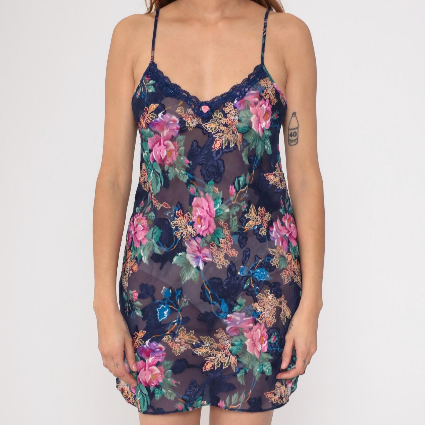 90s Navy Floral Mini Slip Dress Lace Trim Spaghetti Strap Medium M