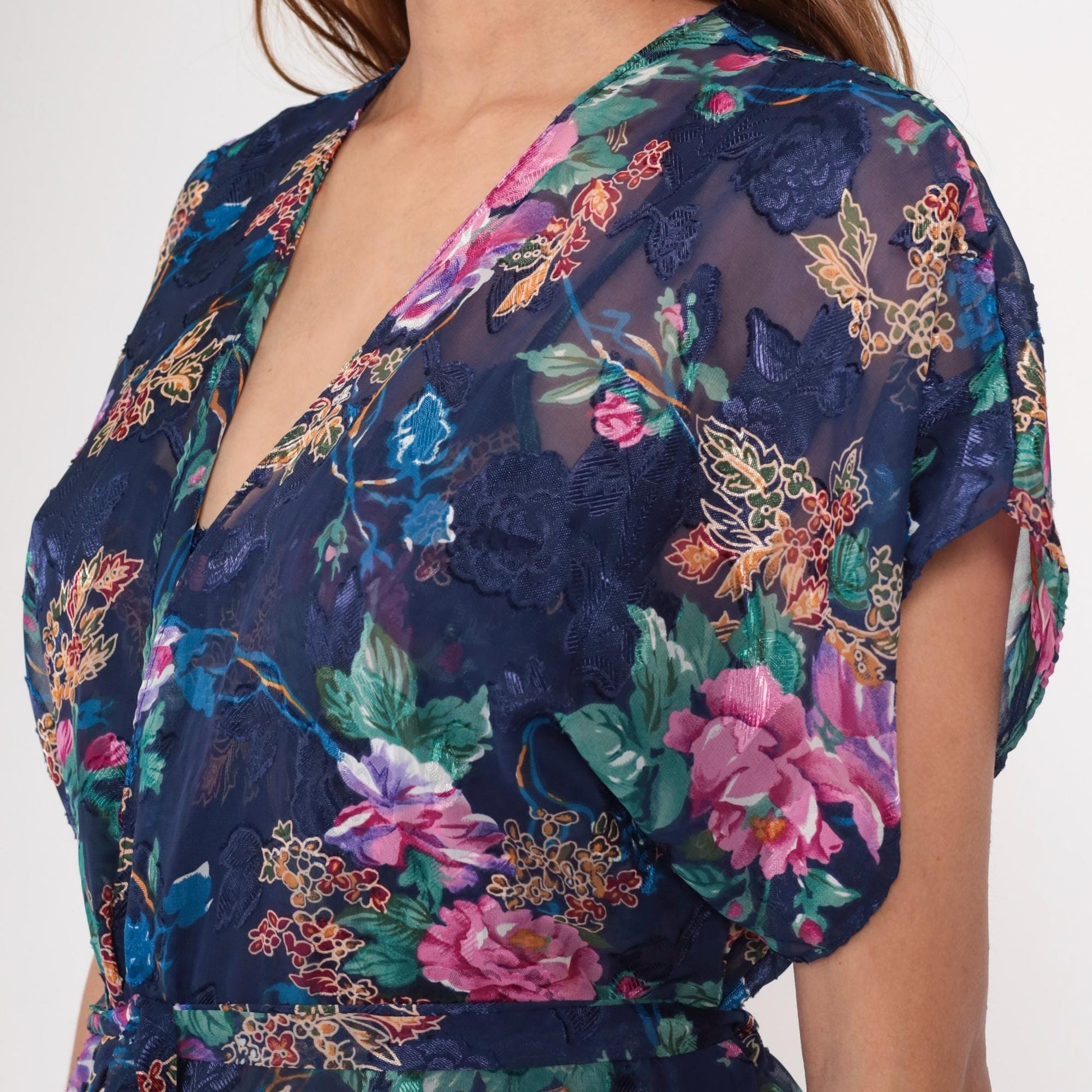 90s Navy Floral Kimono Robe Pink Purple Blue Green Flowers Wrap Tie Lingerie Large