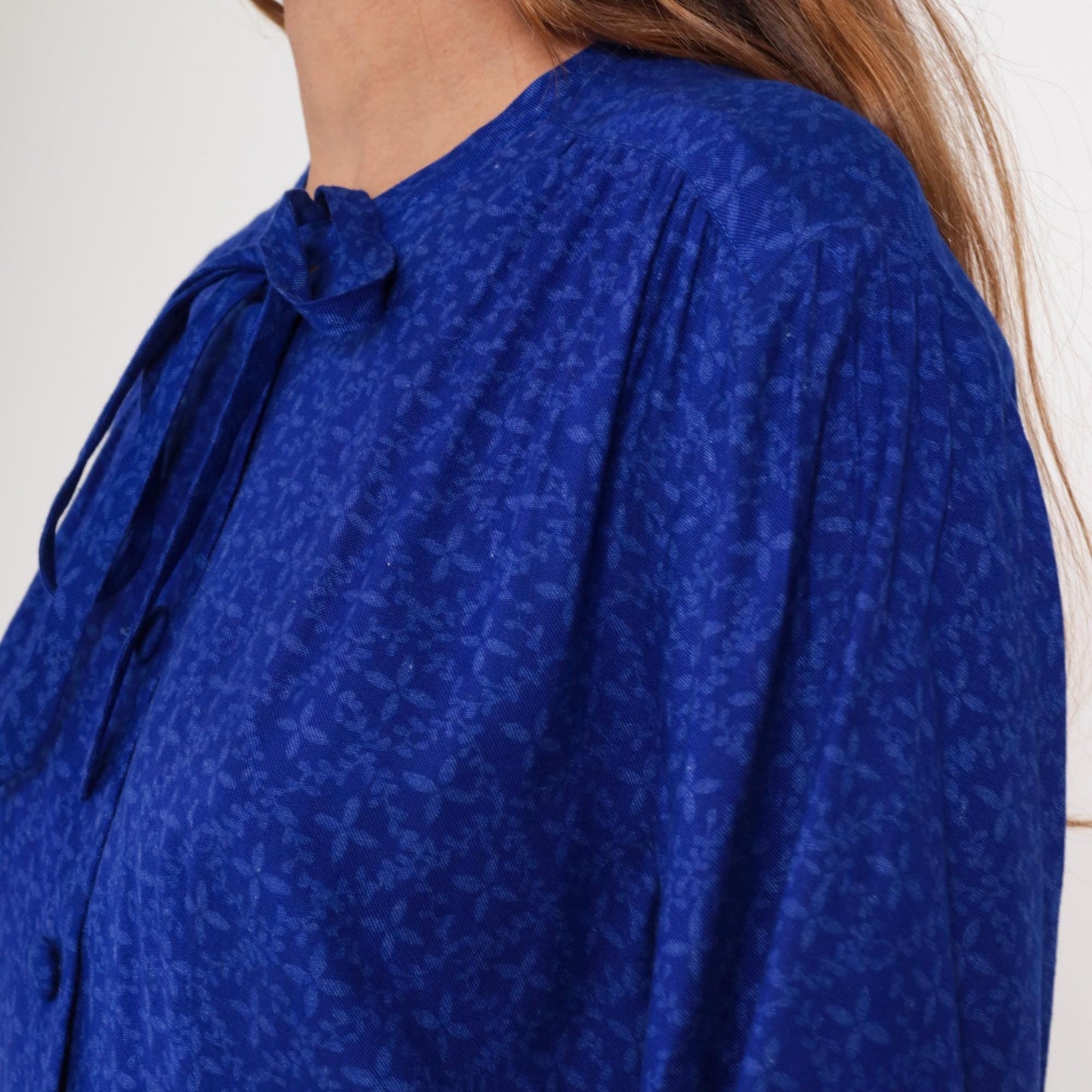 90s Royal Blue Tie Neck Shirt Dress Belted Waist Long Sleeve Medium