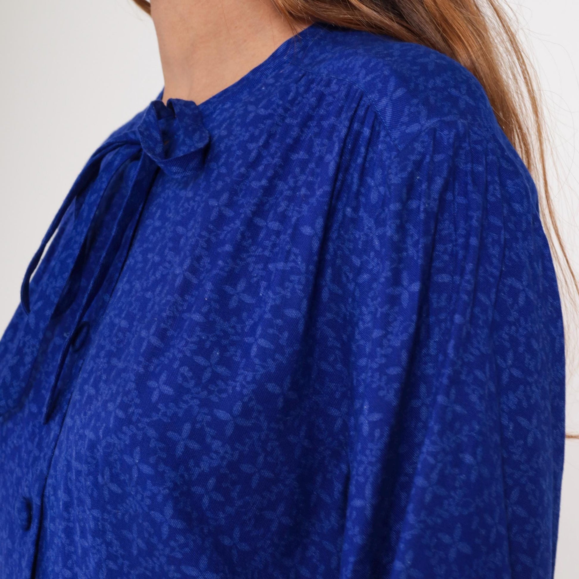 90s Royal Blue Tie Neck Shirt Dress Belted Waist Long Sleeve Medium