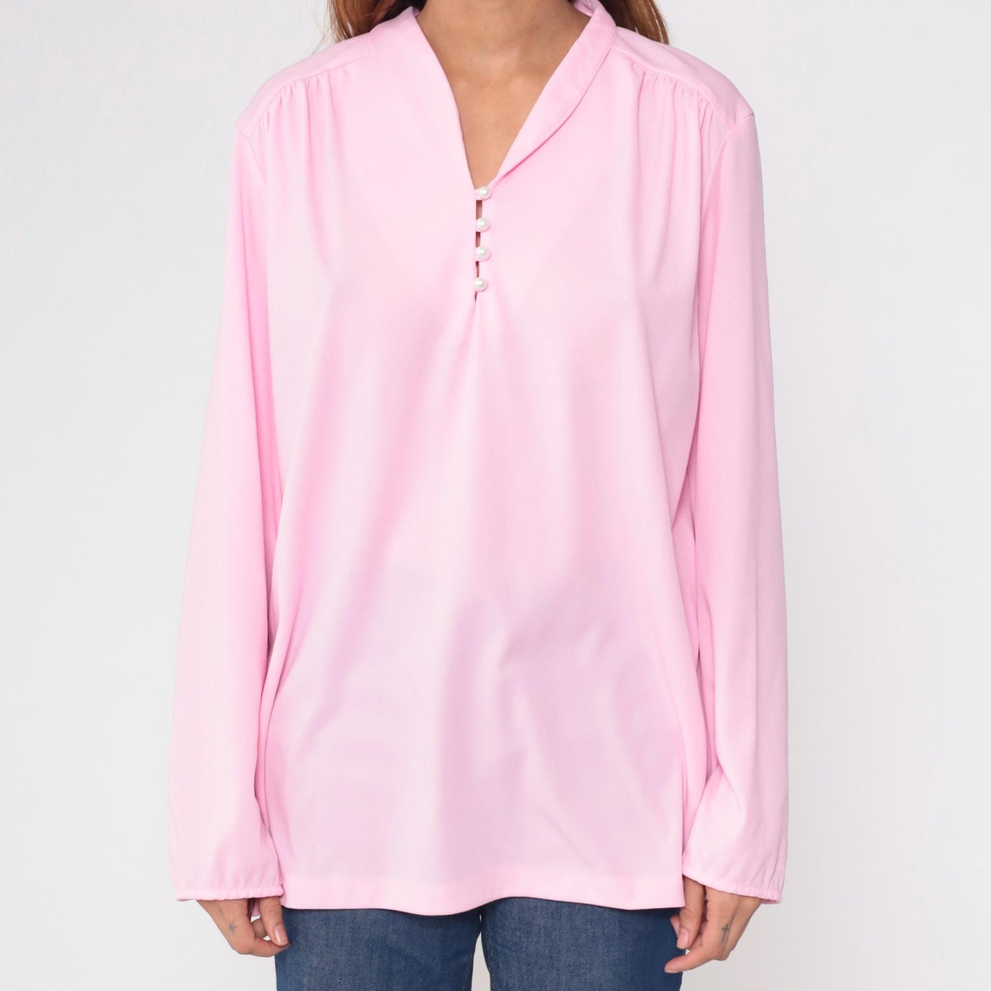 70s Pink Pearl Button Collared Blouse Gathered Shoulders Extra Large