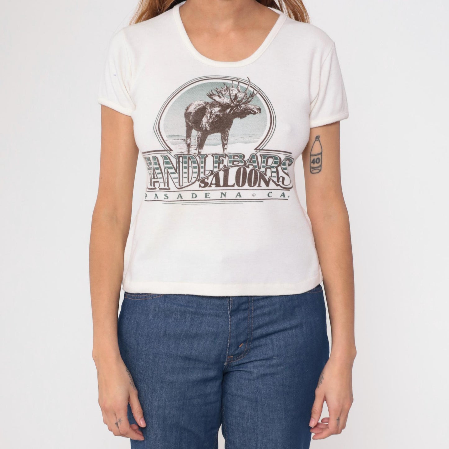 80s Handlebar Saloon Moose Graphic Tee Cream Cropped Large