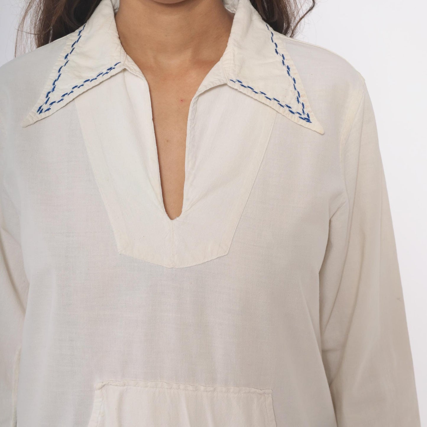70s Cream Embroidered Rose Tunic Cotton Peasant Blouse Medium M