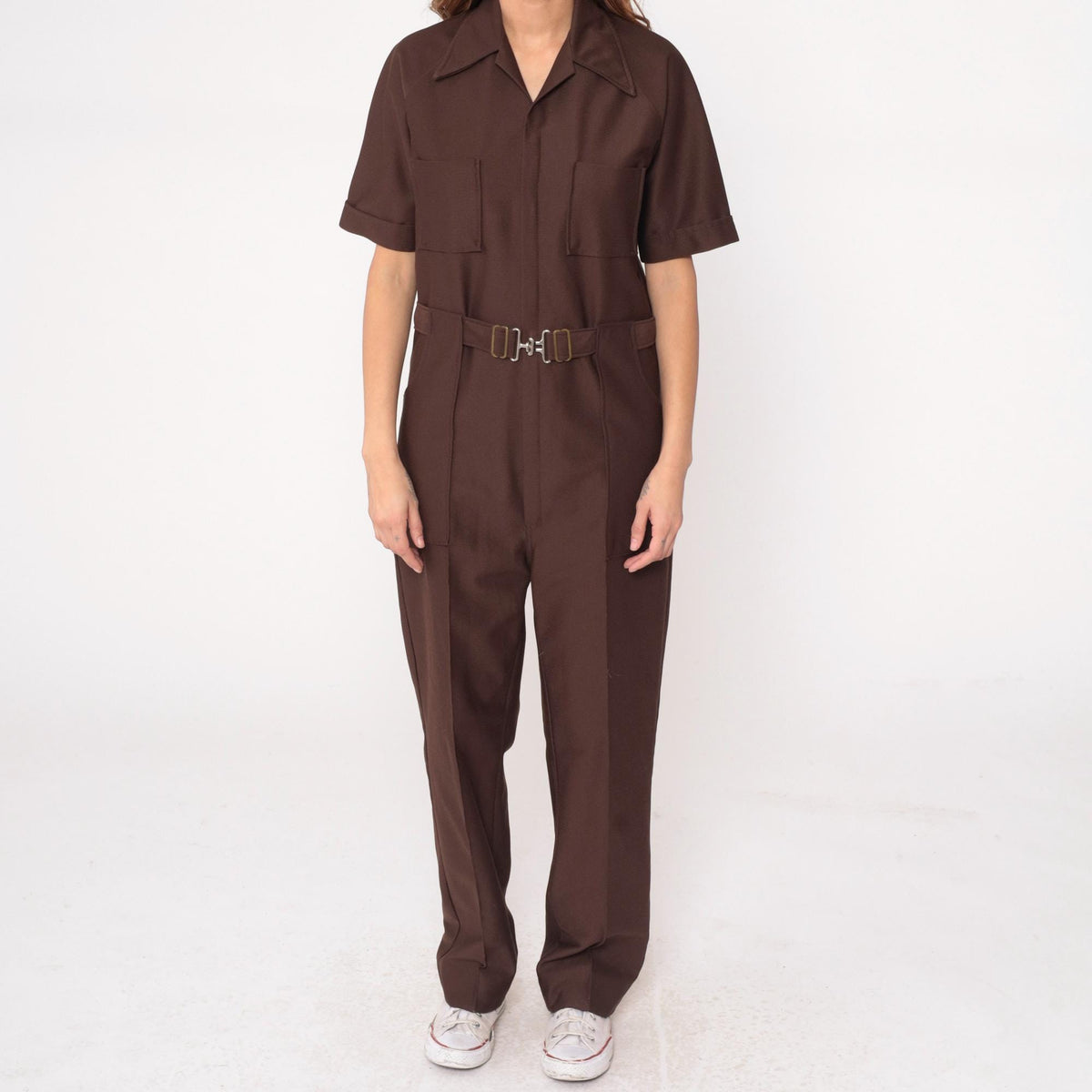 70s Brown Utility Jumpsuit Zip Front Workwear Boiler Suit Medium