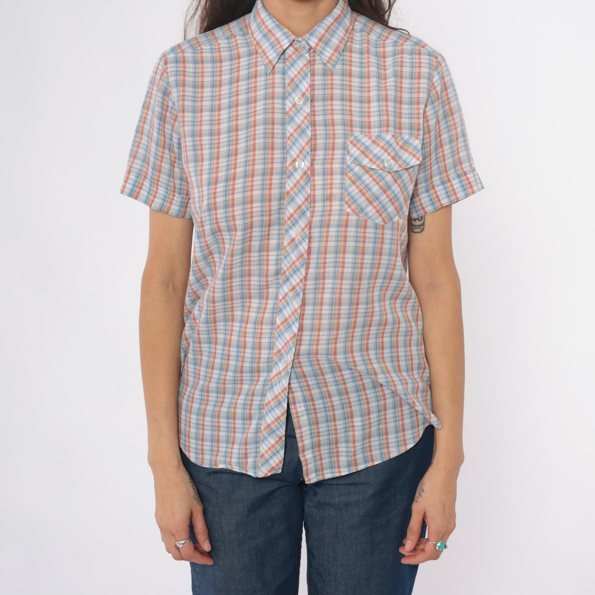 80s Plaid Button-Up Shirt Short Sleeve Pointed Collar Cotton Multicolor Medium