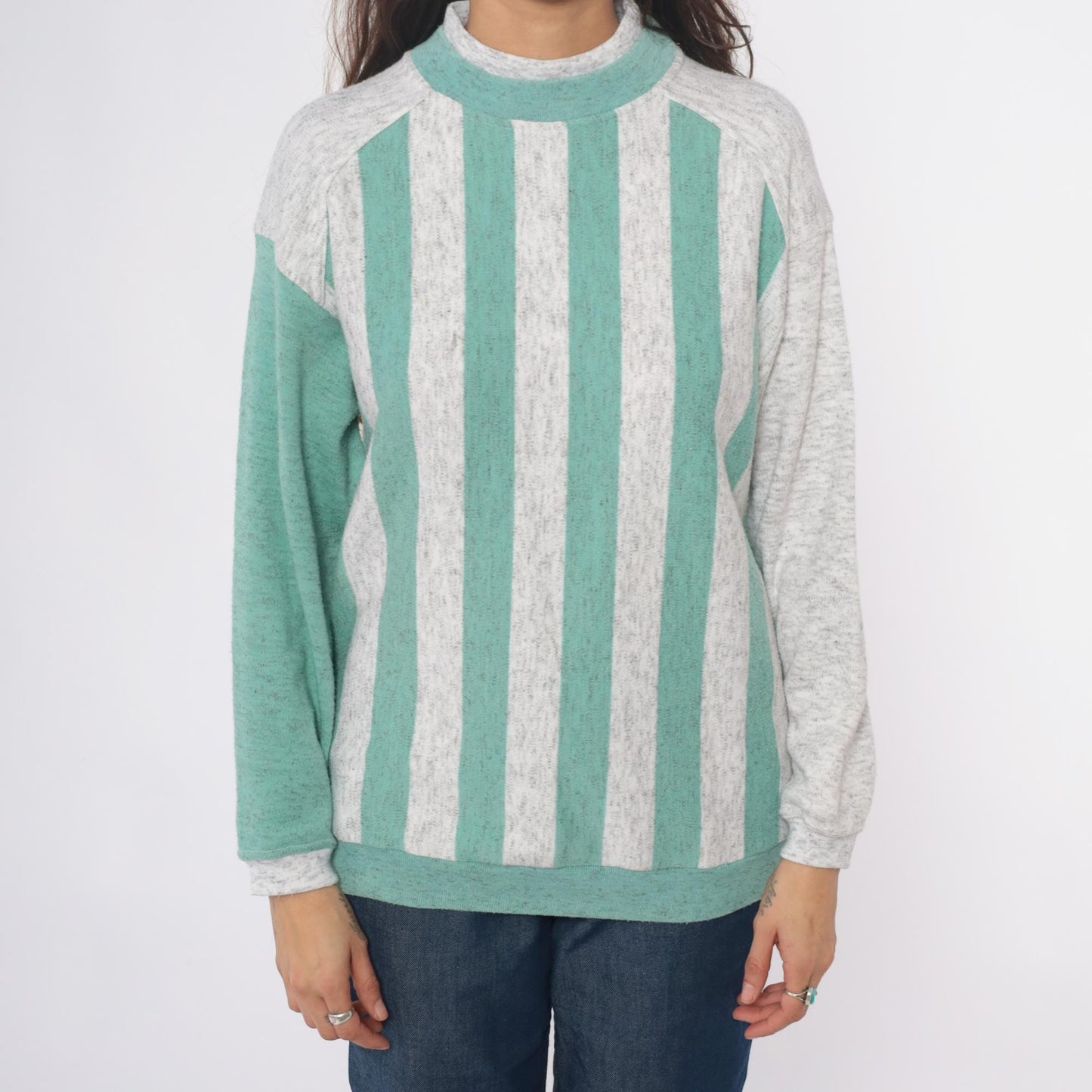 90s Aileen Petites Striped Mock Neck Sweatshirt Teal Grey Medium