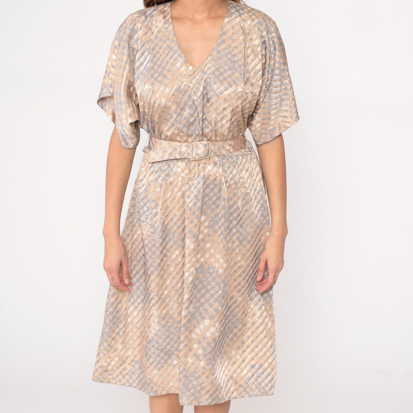 80s Pellini Wrap Dress Beige Polka Dot Diagonal Stripe V-Neck Kimono Sleeve Small