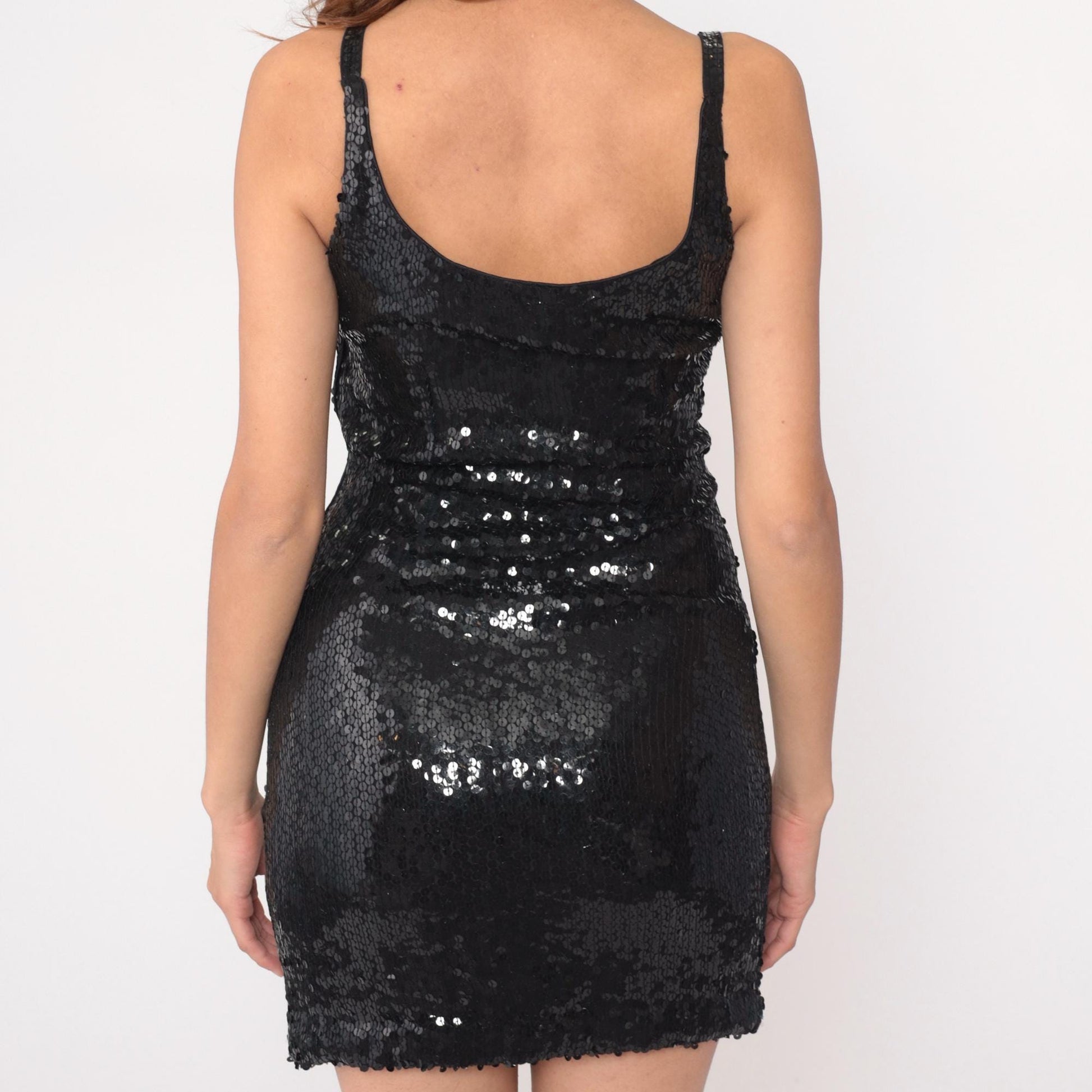 90s Black Sequin Mini Dress Spaghetti Strap Scoop Neck Small S