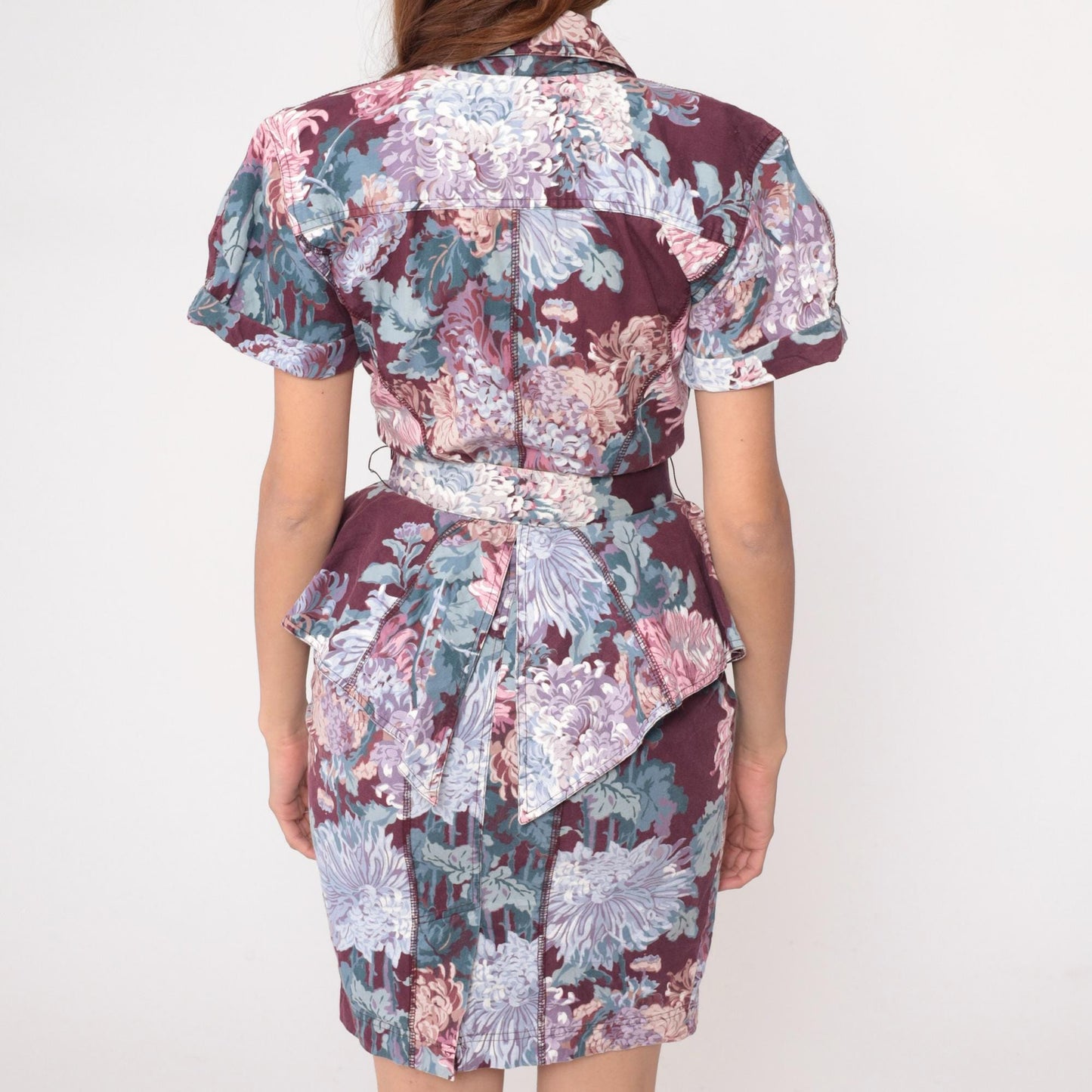 90s Karen Alexander Floral Peplum Dress Burgundy Chrysanthemum Small