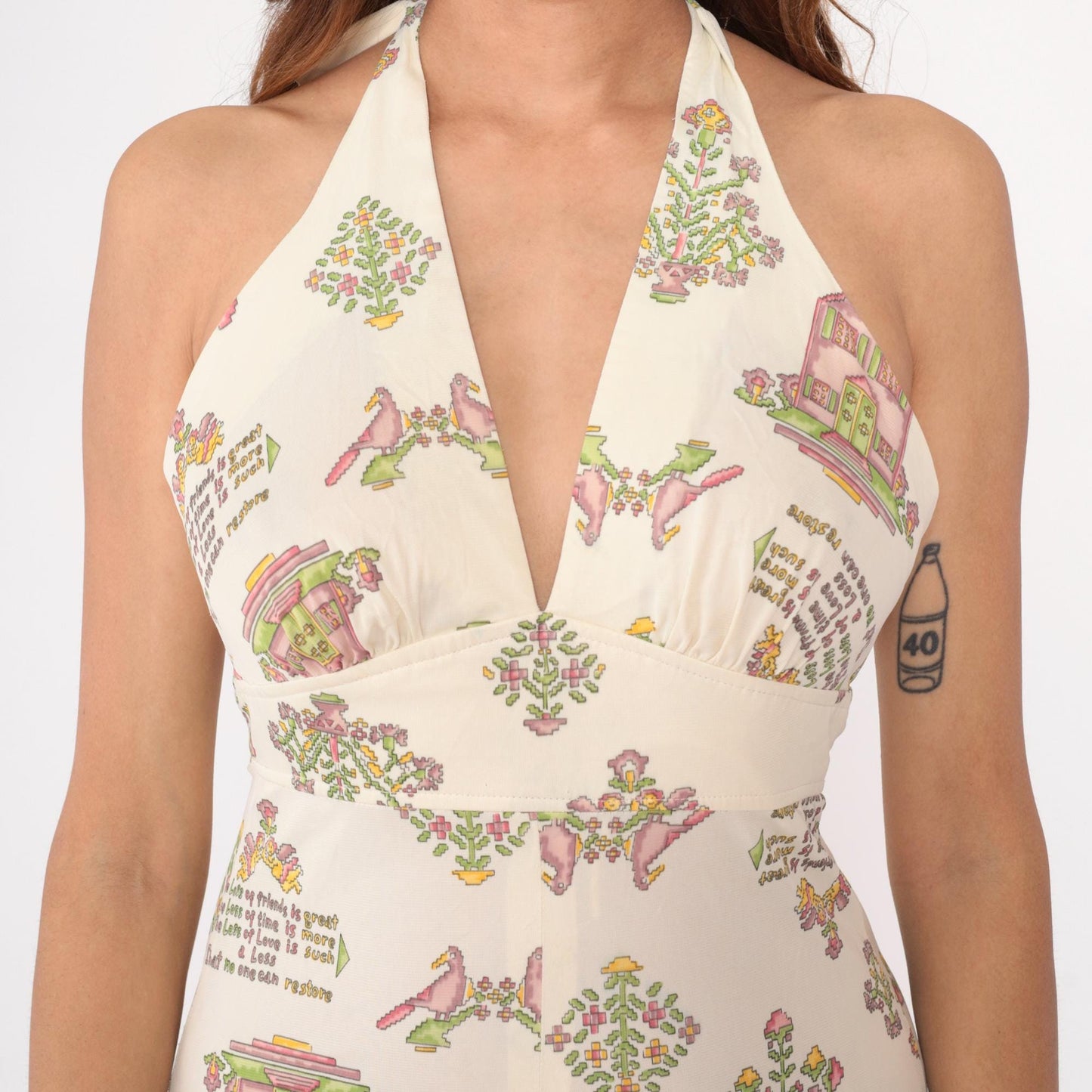 70s White Halter Maxi Dress Novelty Print Open Back Empire Waist Medium