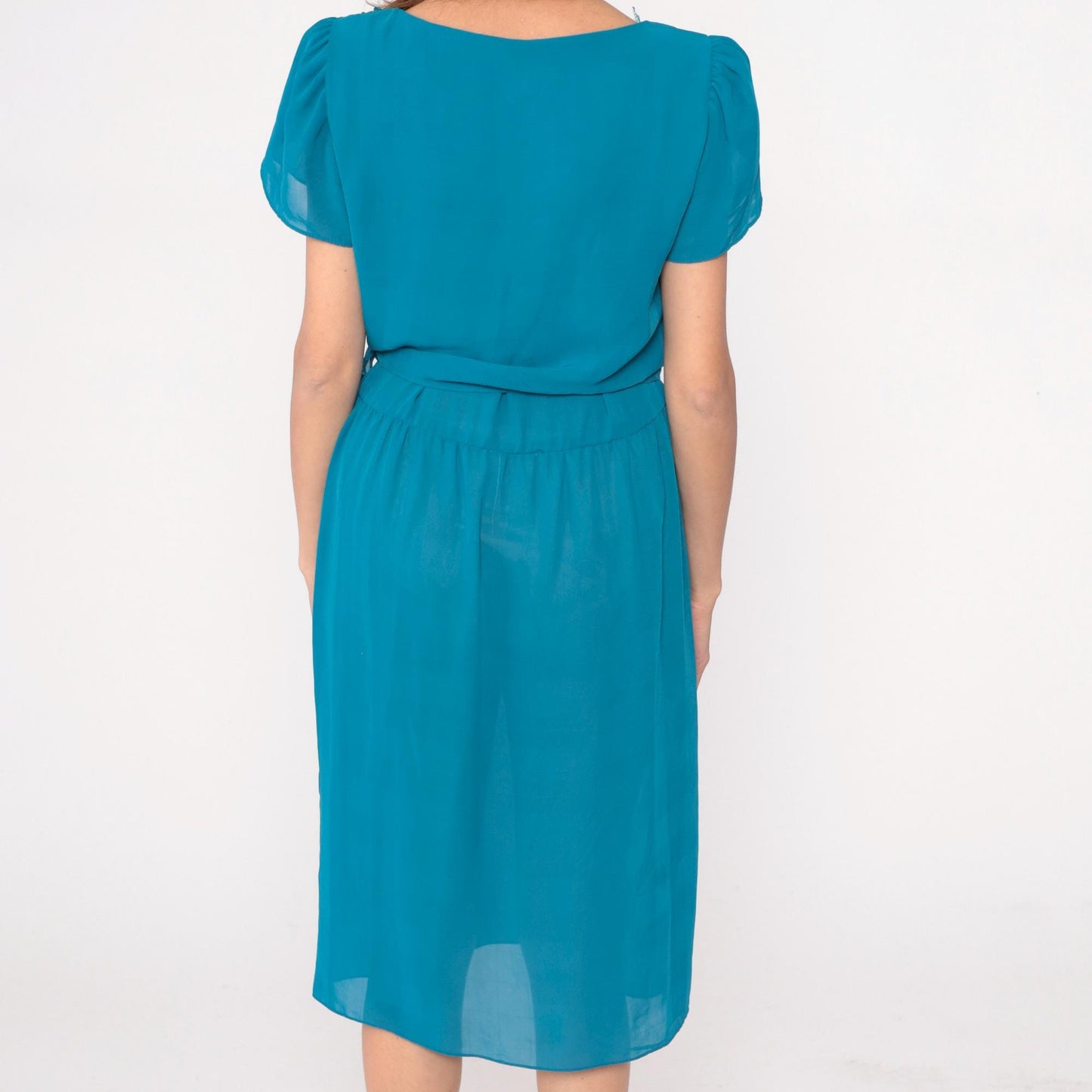 80s Alison Peters Teal Puff Sleeve Dress Boat Neck Tie Belt Knee-Length Small