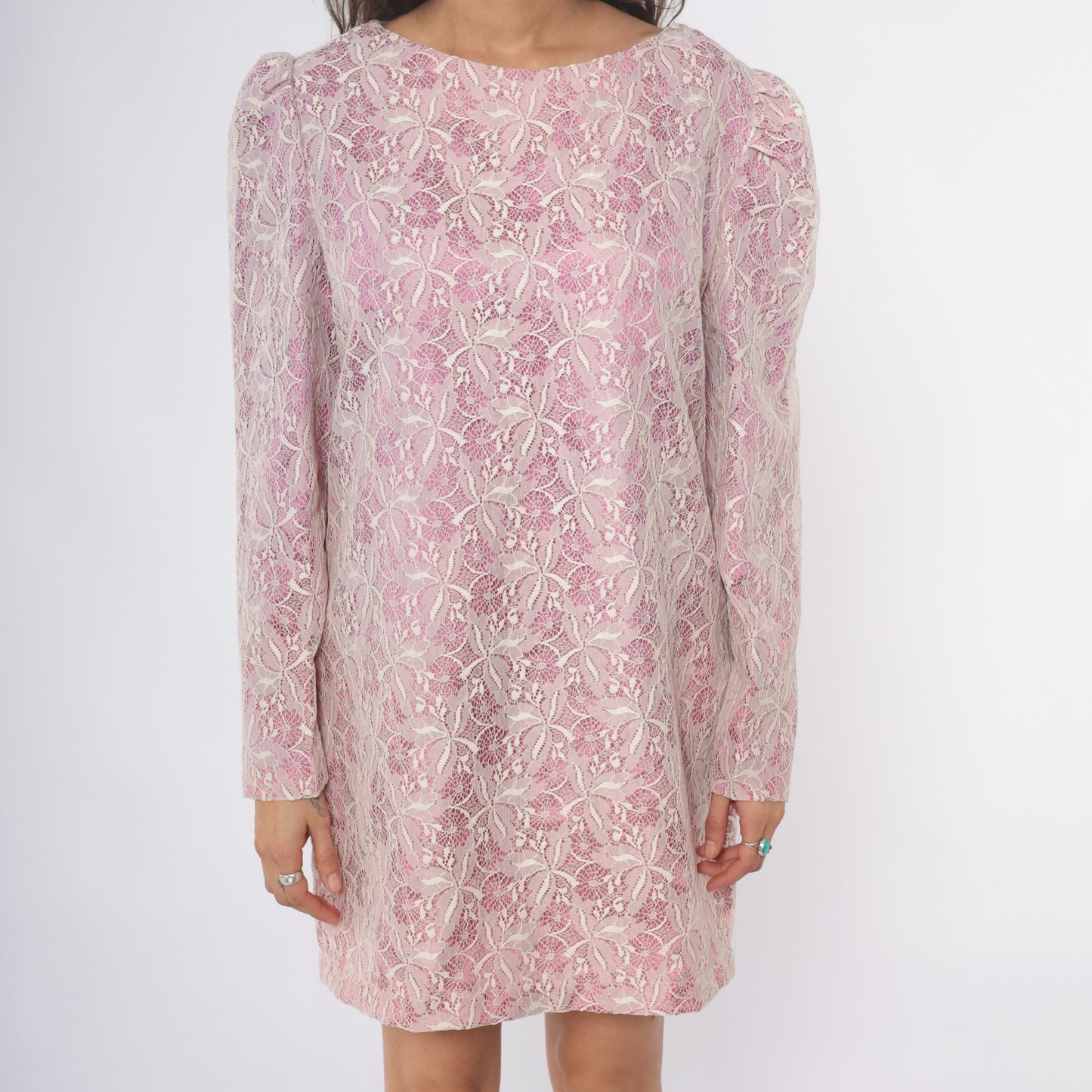 70s Purple Lace Mini Dress Long Sleeve Shift Floral White Overlay Medium M