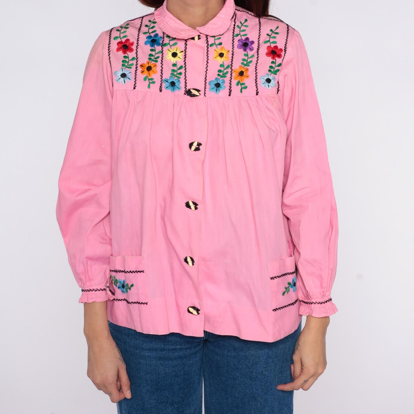 70s Mexican Embroidered Pink Floral Blouse Peter Pan Collar Cotton XS