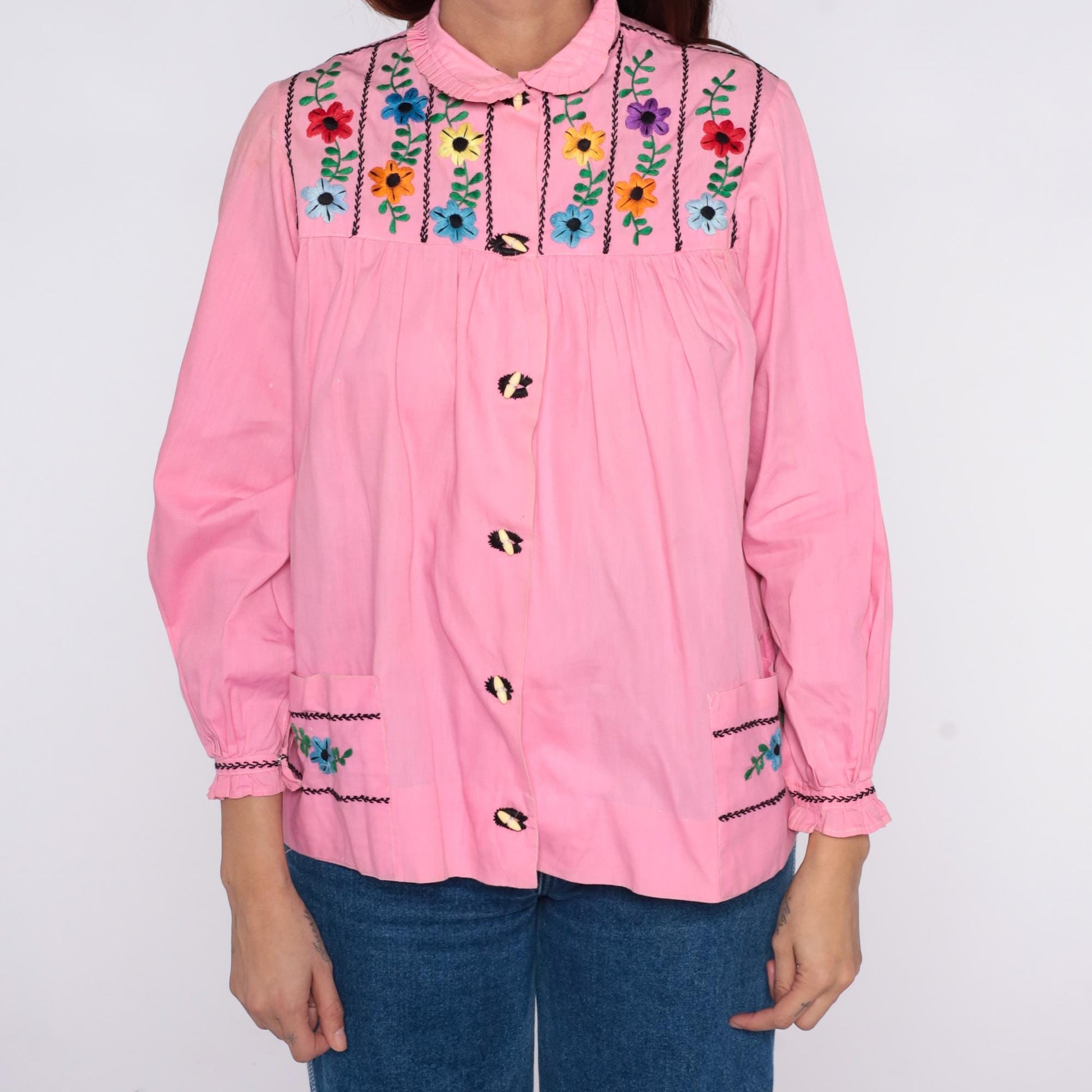70s Mexican Embroidered Pink Floral Blouse Peter Pan Collar Cotton XS