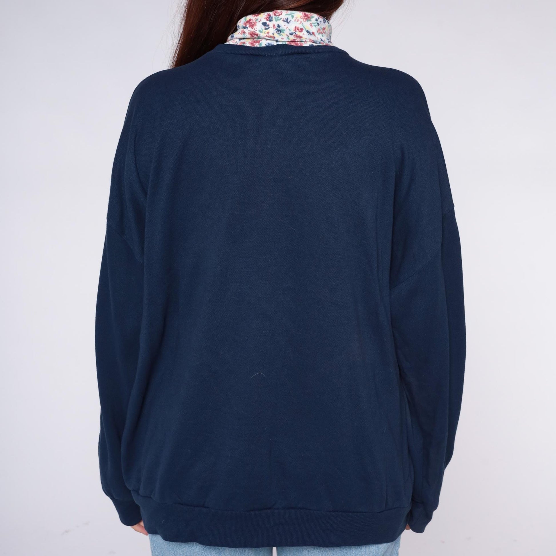 90s Act 3 Cat Sweatshirt Navy Blue Floral Turtleneck Graphic Extra Large XXL