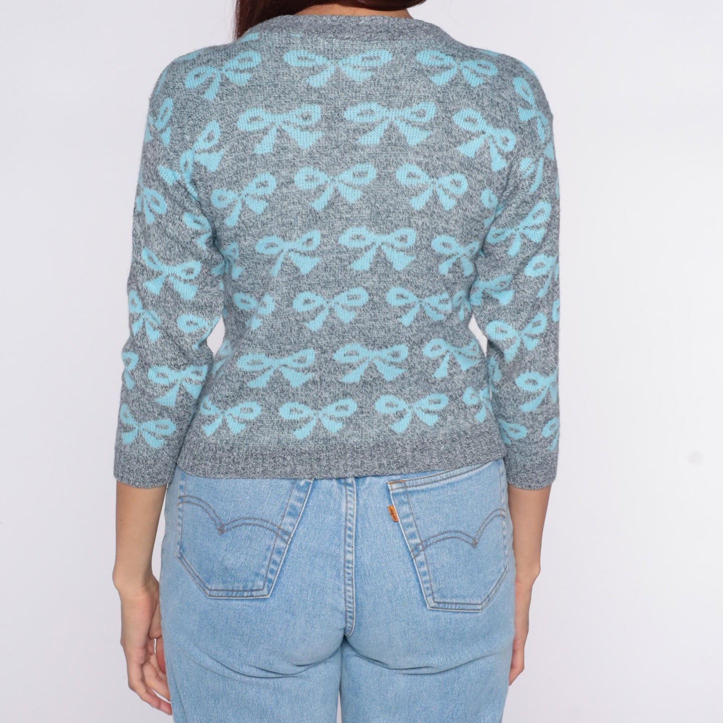80s Go Nitty Grey Turquoise Bow Knit Sweater Cropped Crew Neck Extra Small