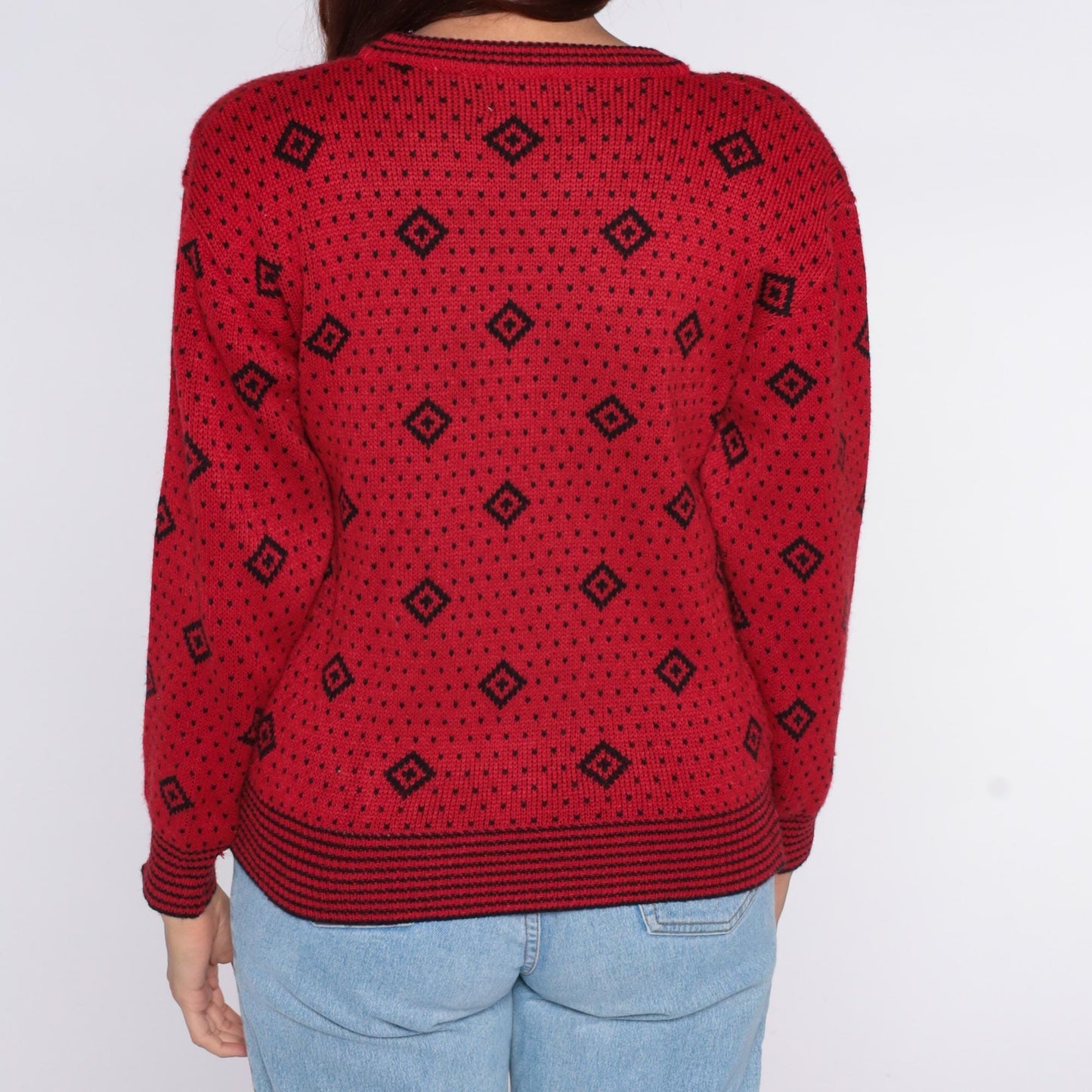 80s Red Geometric Diamond Sweater Black Dot Crew Neck Knit Small S