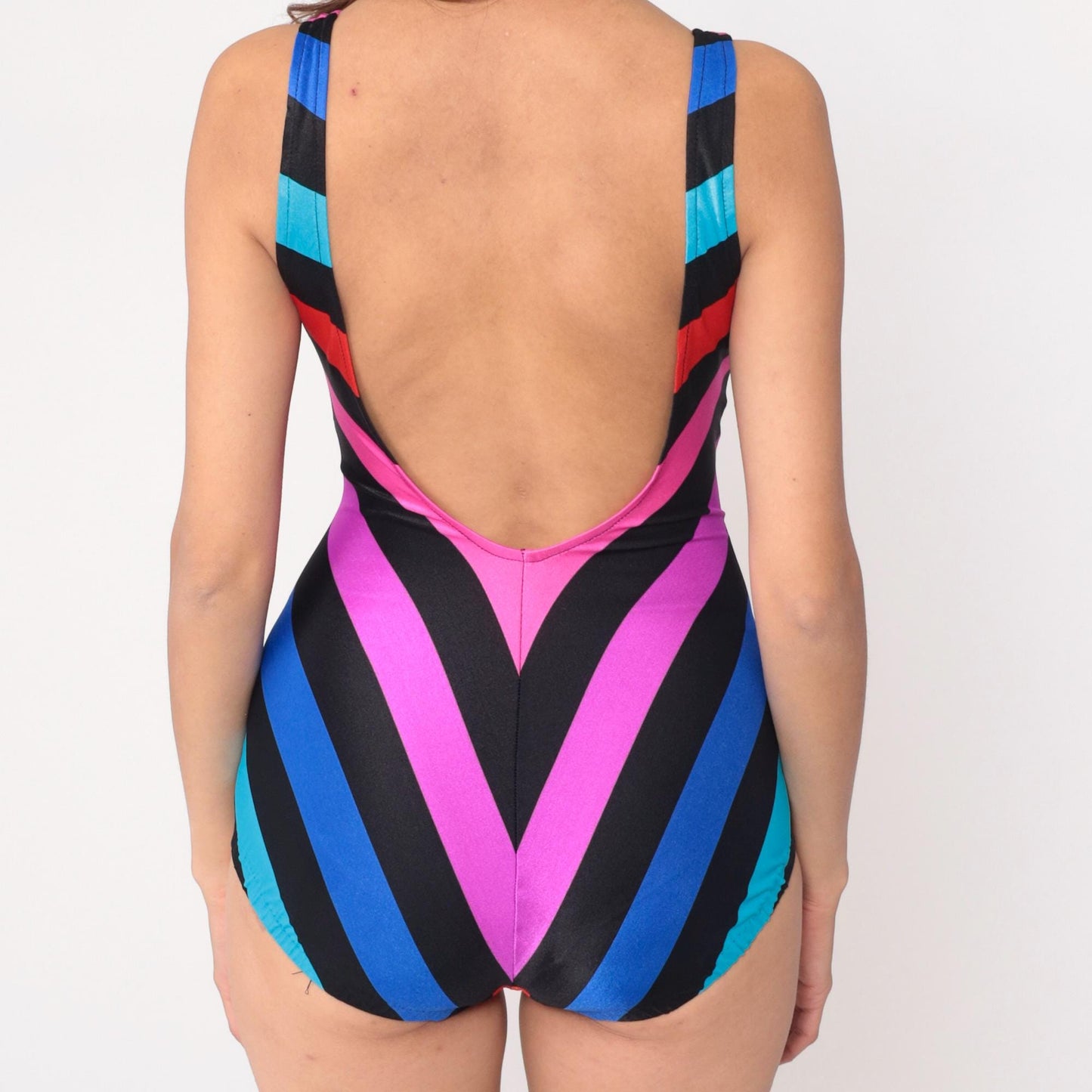 80s Cole of California Chevron Stripe One-Piece Swimsuit Black Rainbow Medium