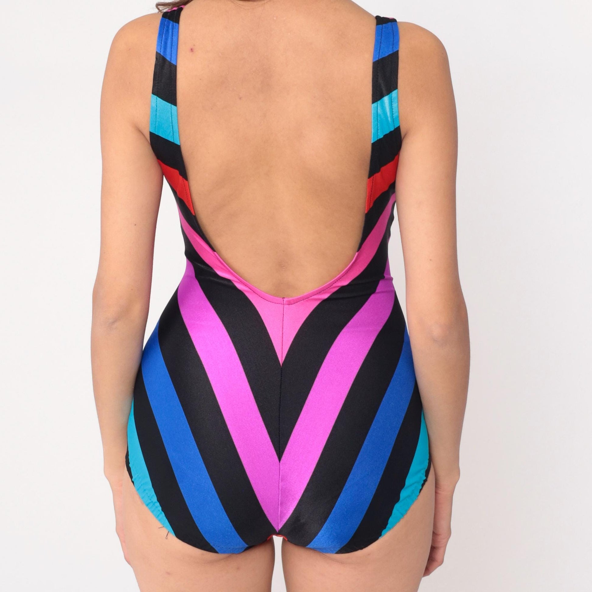 80s Cole of California Chevron Stripe One-Piece Swimsuit Black Rainbow Medium