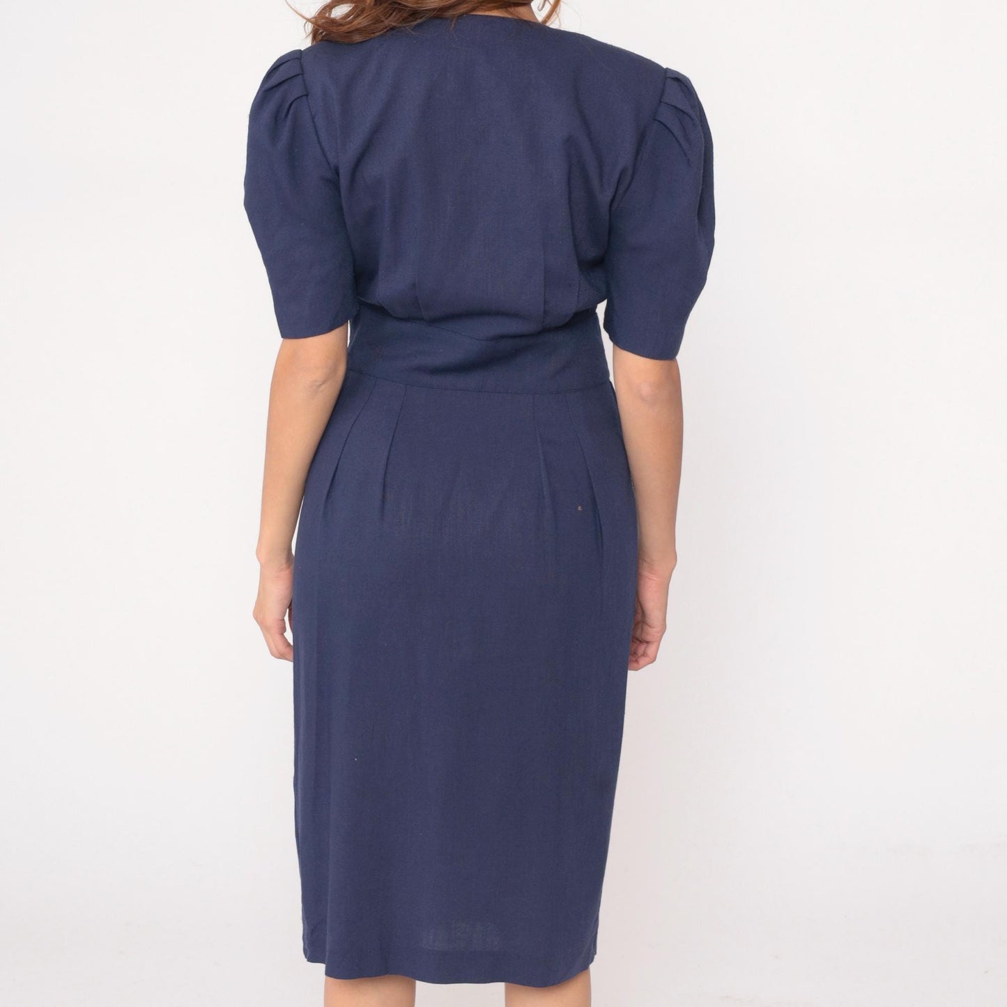 80s Jessica Howard Navy Puff Sleeve Dress Pleated Skirt Shoulder Pads Medium