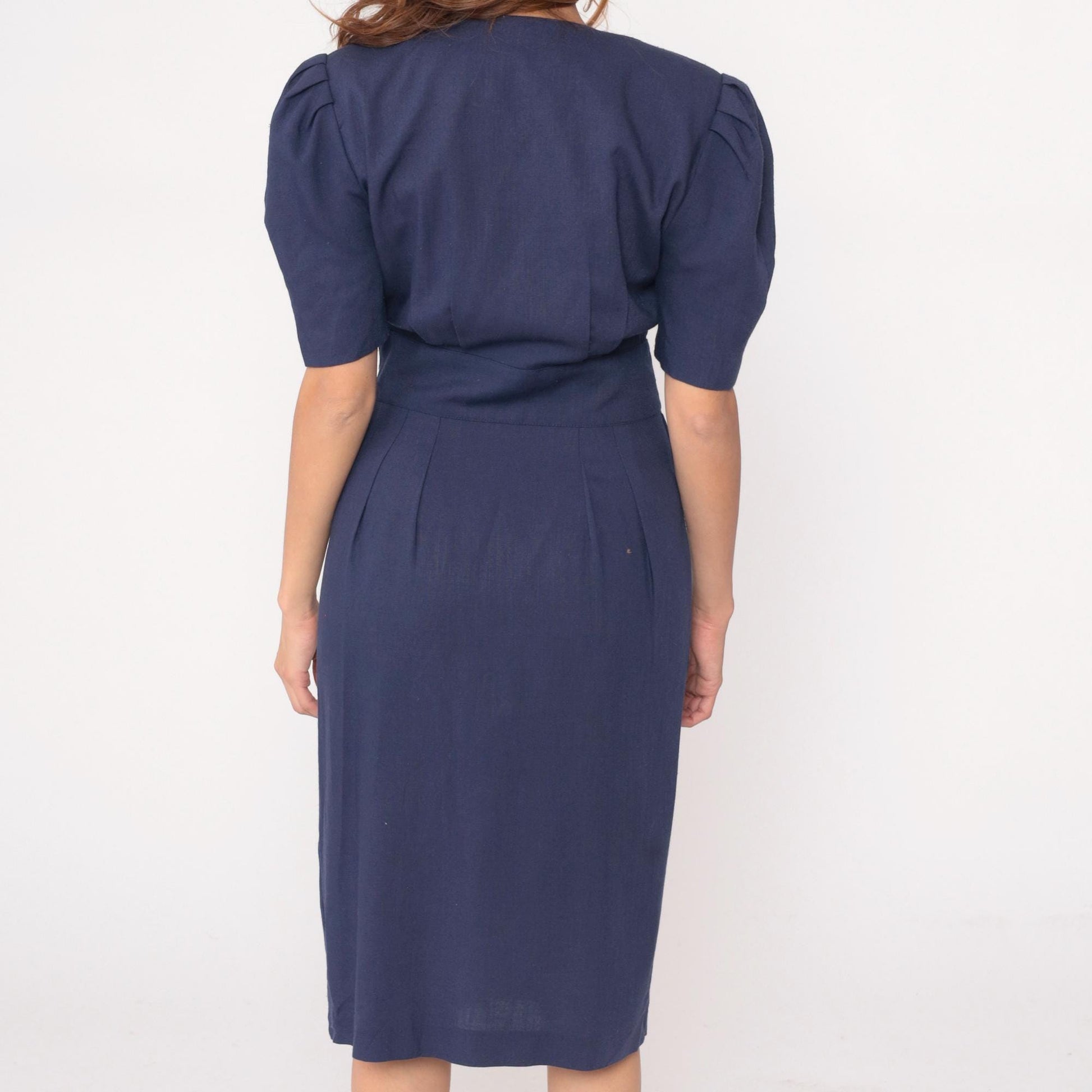 80s Jessica Howard Navy Puff Sleeve Dress Pleated Skirt Shoulder Pads Medium