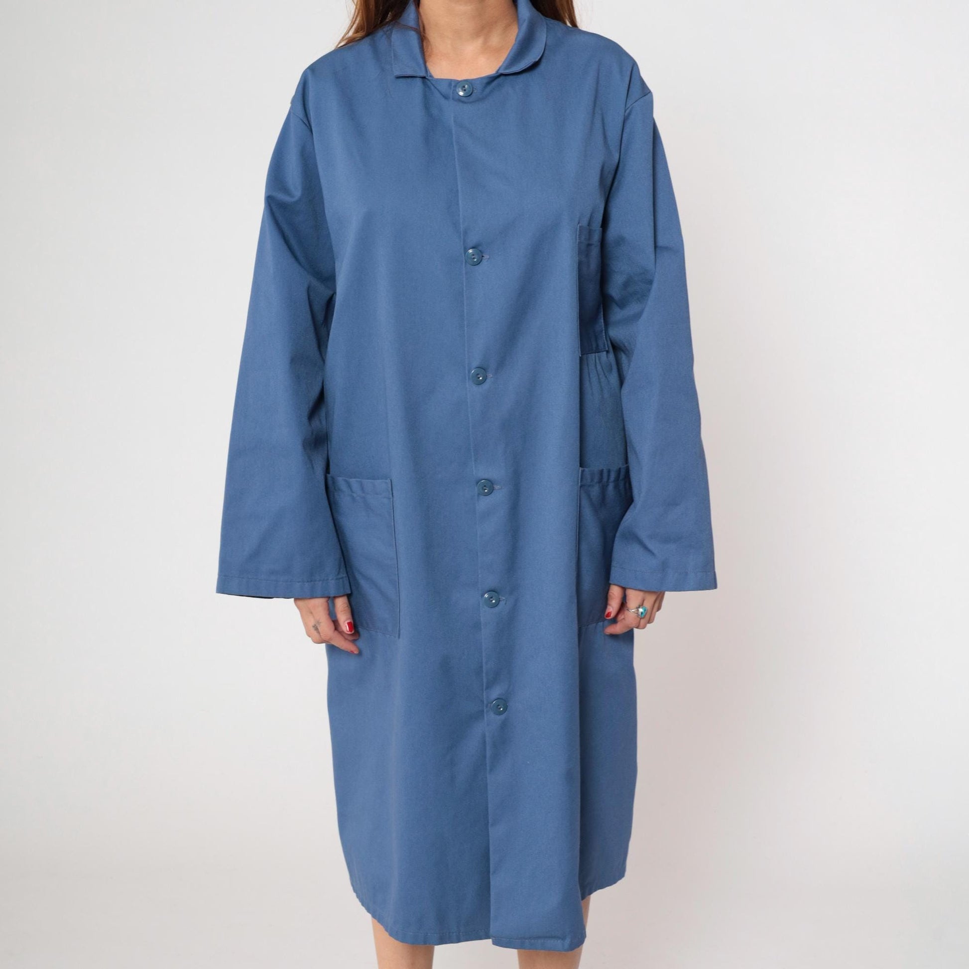 80s Ambassador Uniform Periwinkle Lab Coat Button Front Collar Large
