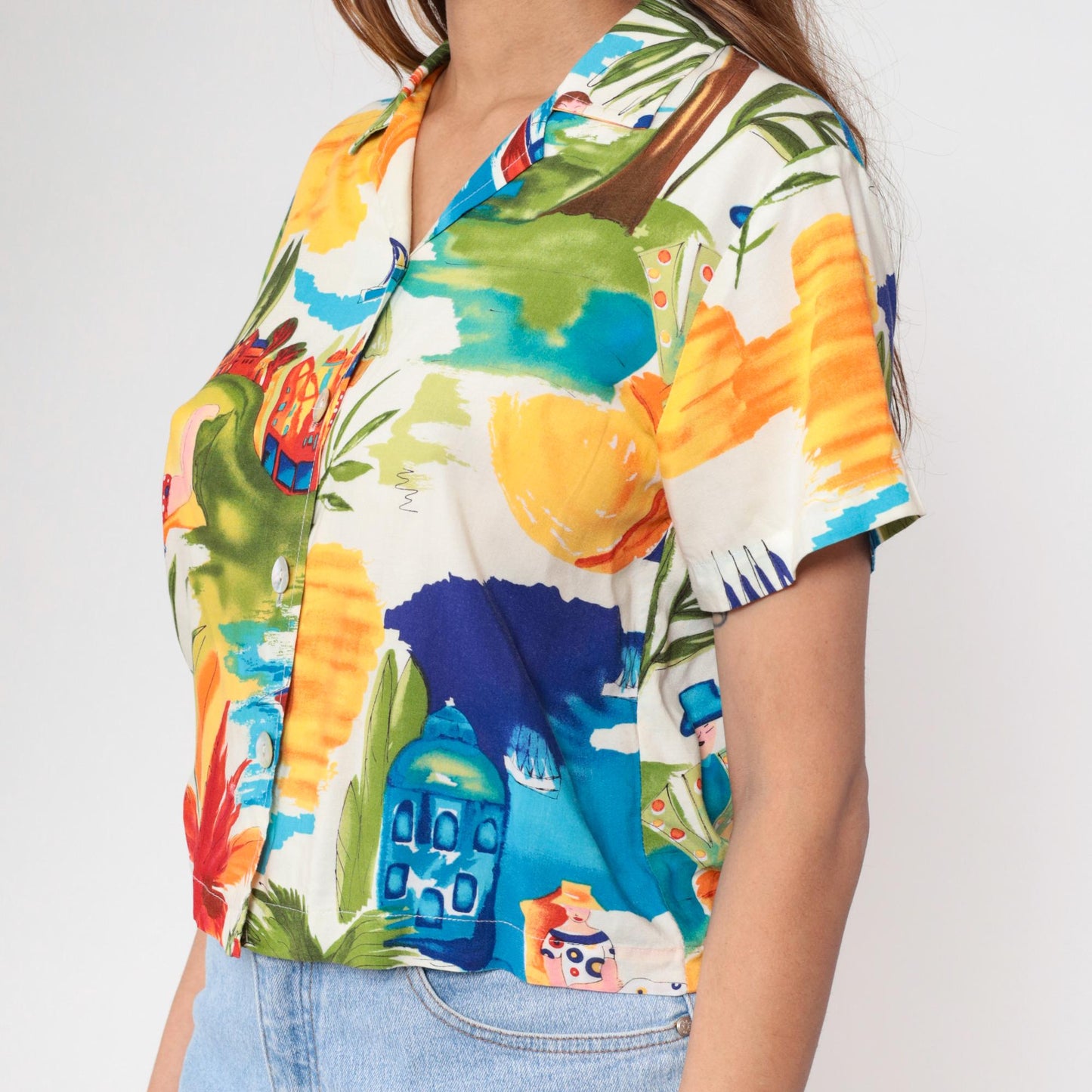 90s Tropical Print Button-Up Shirt Palm Trees Sailboats Medium