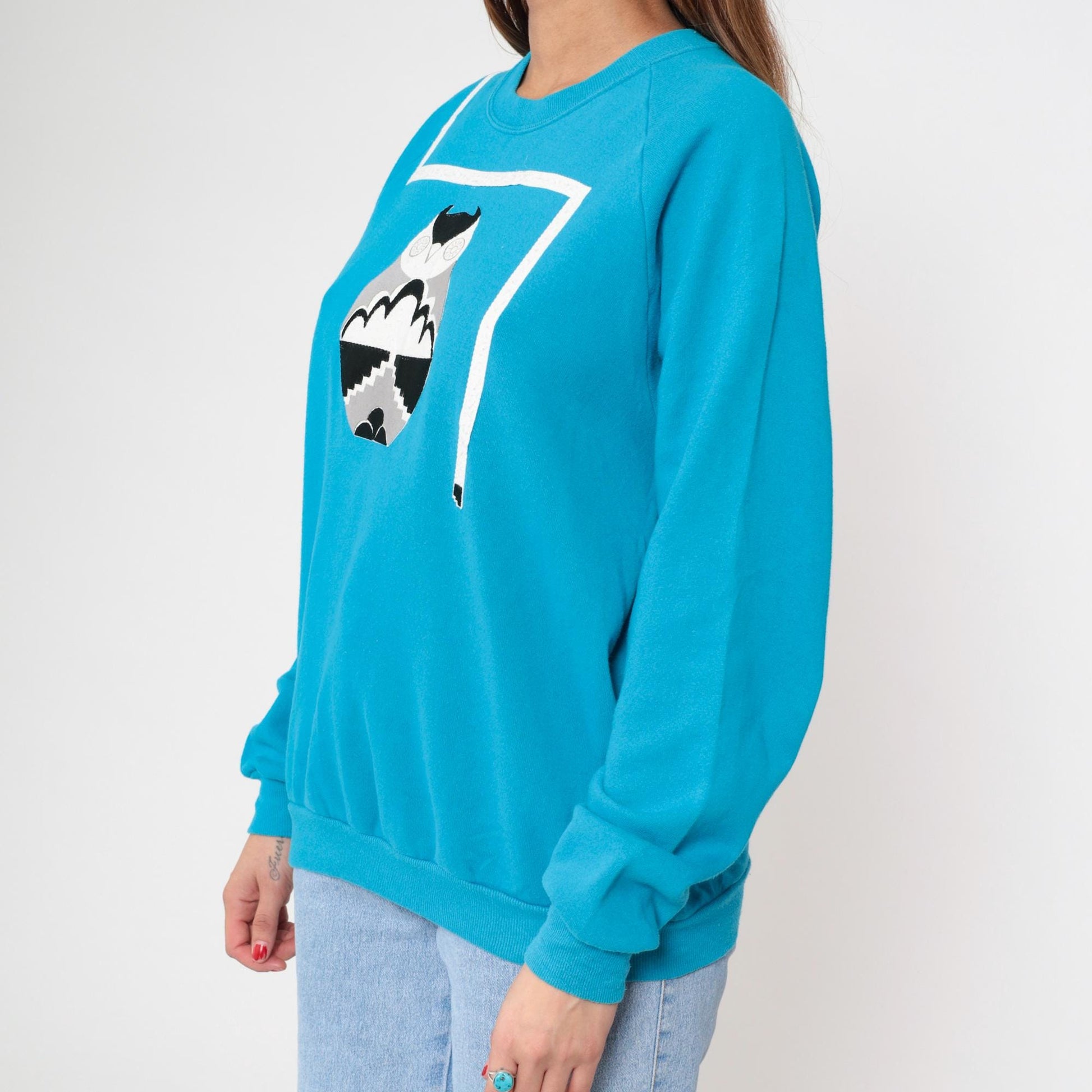 90s Jerzees Owl Graphic Sweatshirt Turquoise Raglan Extra Large XL
