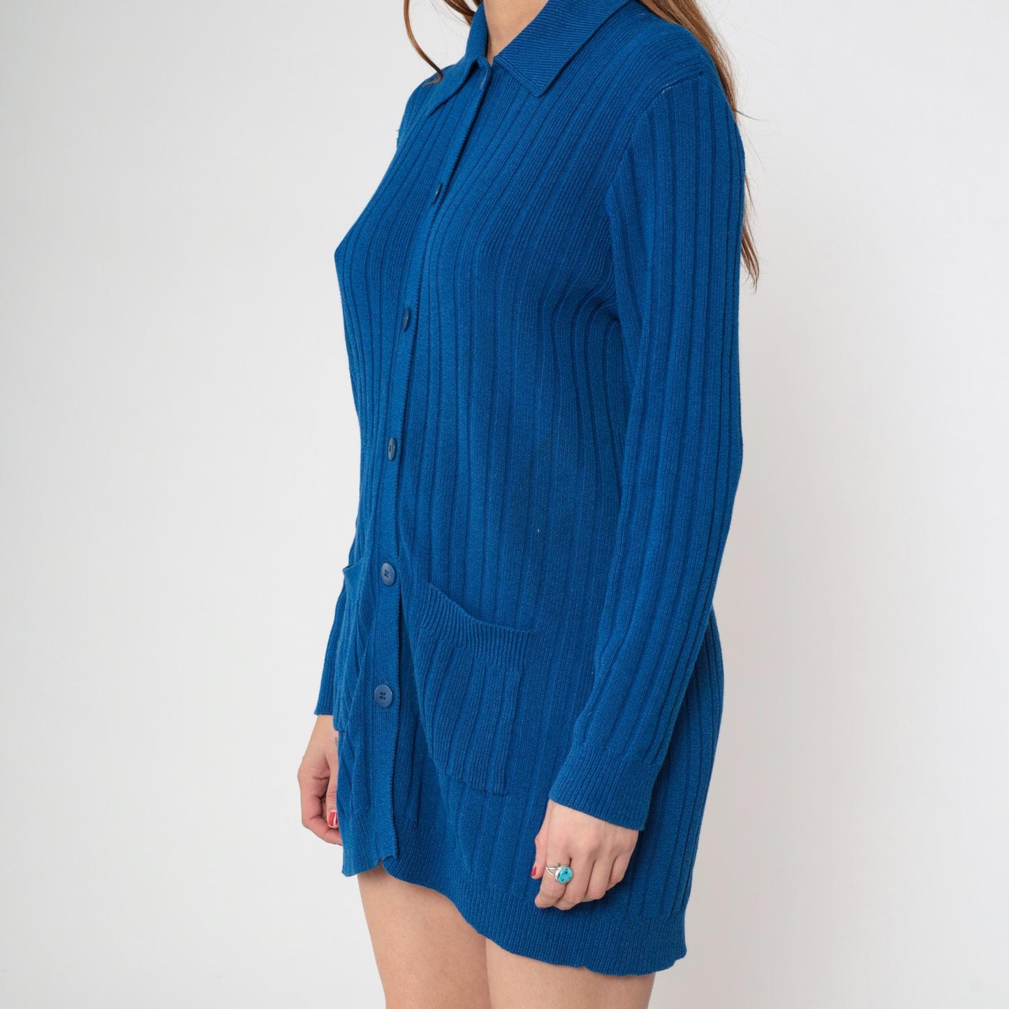 80s Andrea Jovine Blue Ribbed Cardigan Pointed Collar Pockets Large L