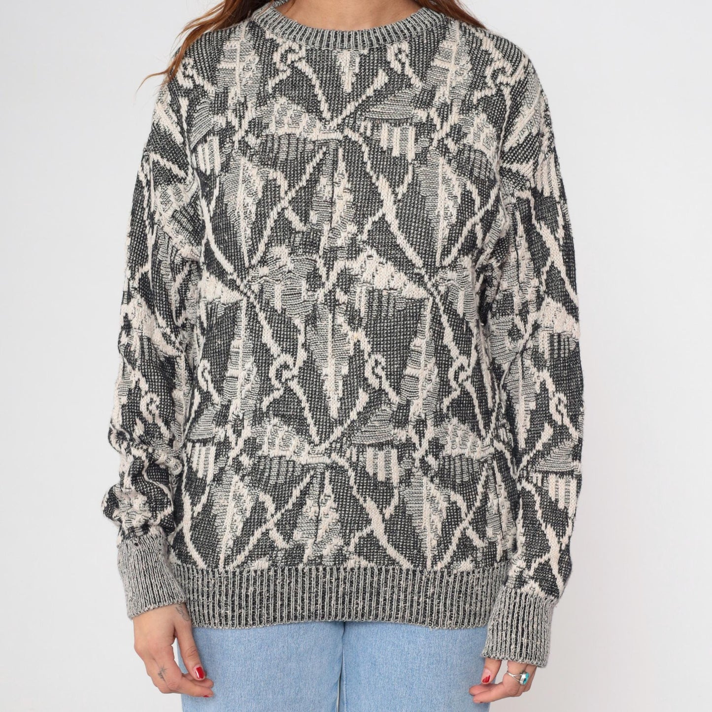 80s Collezione Zenio Abstract Geometric Knit Sweater Grey Cream Small