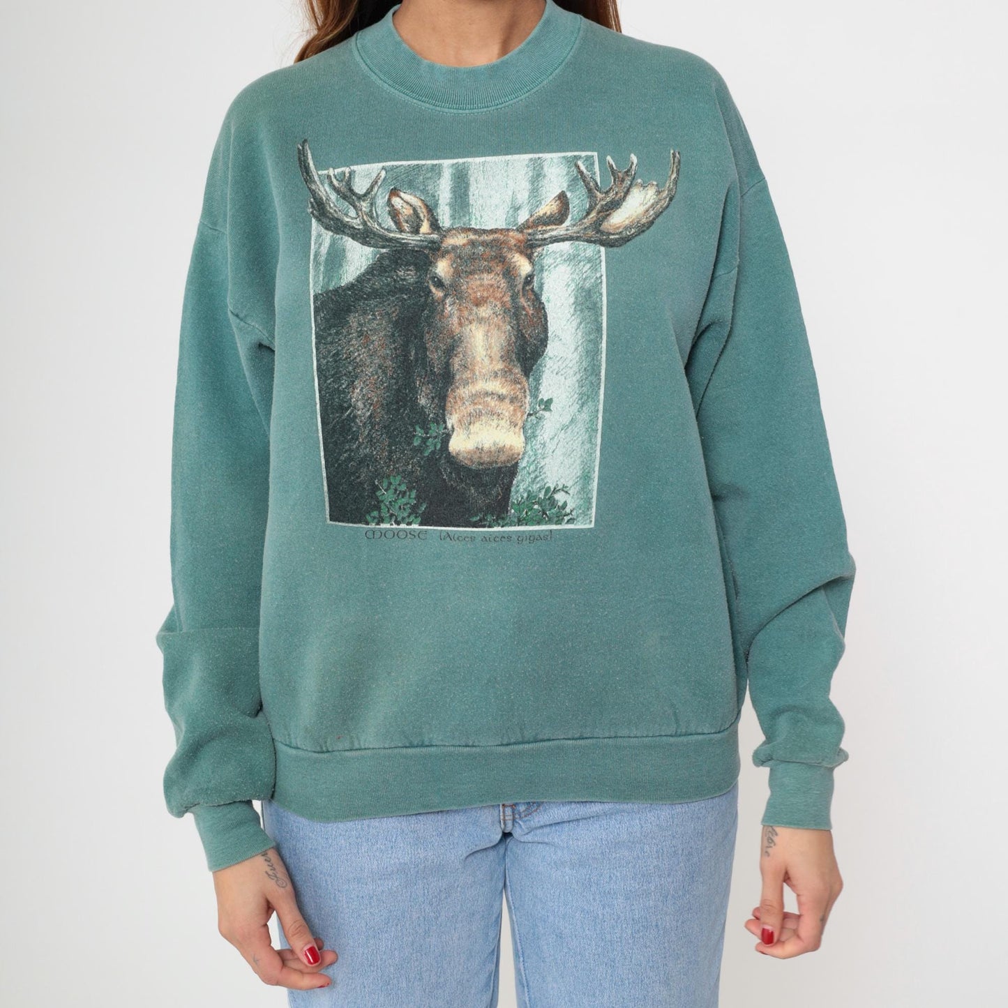 90s Moose Graphic Sweatshirt Sage Green Crewneck Pullover Large L