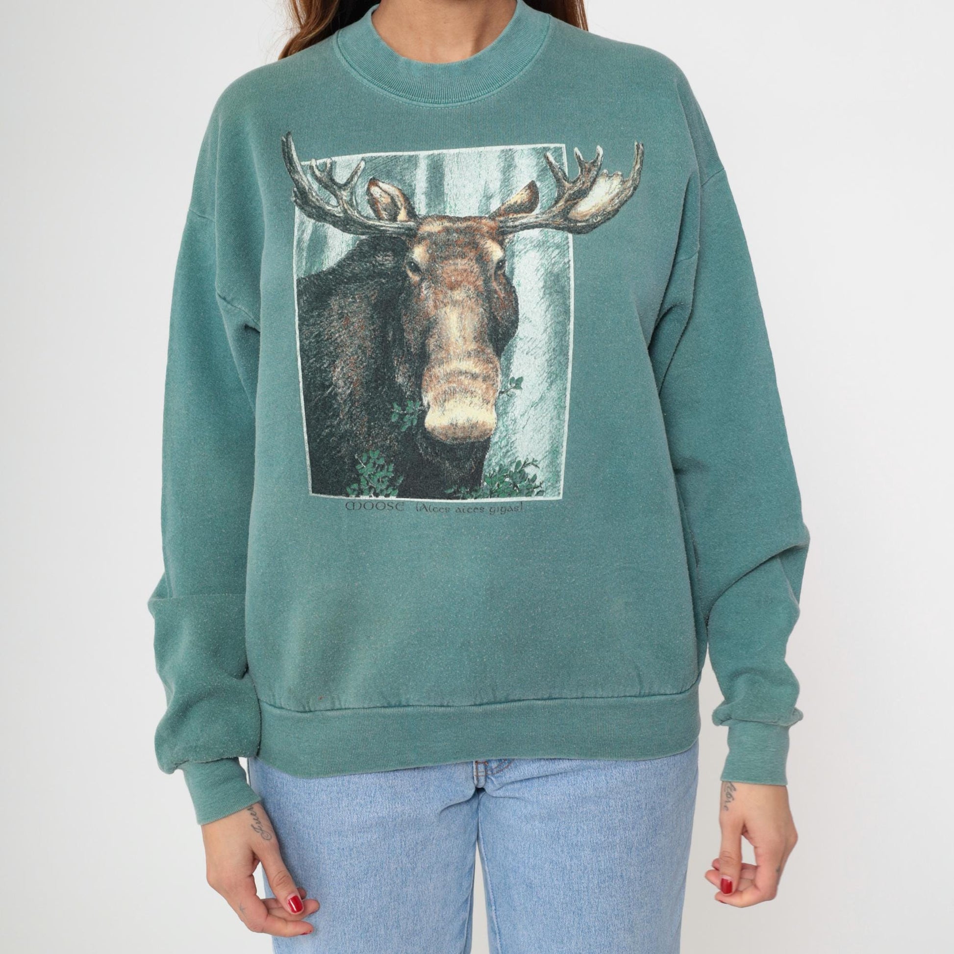 90s Moose Graphic Sweatshirt Sage Green Crewneck Pullover Large L