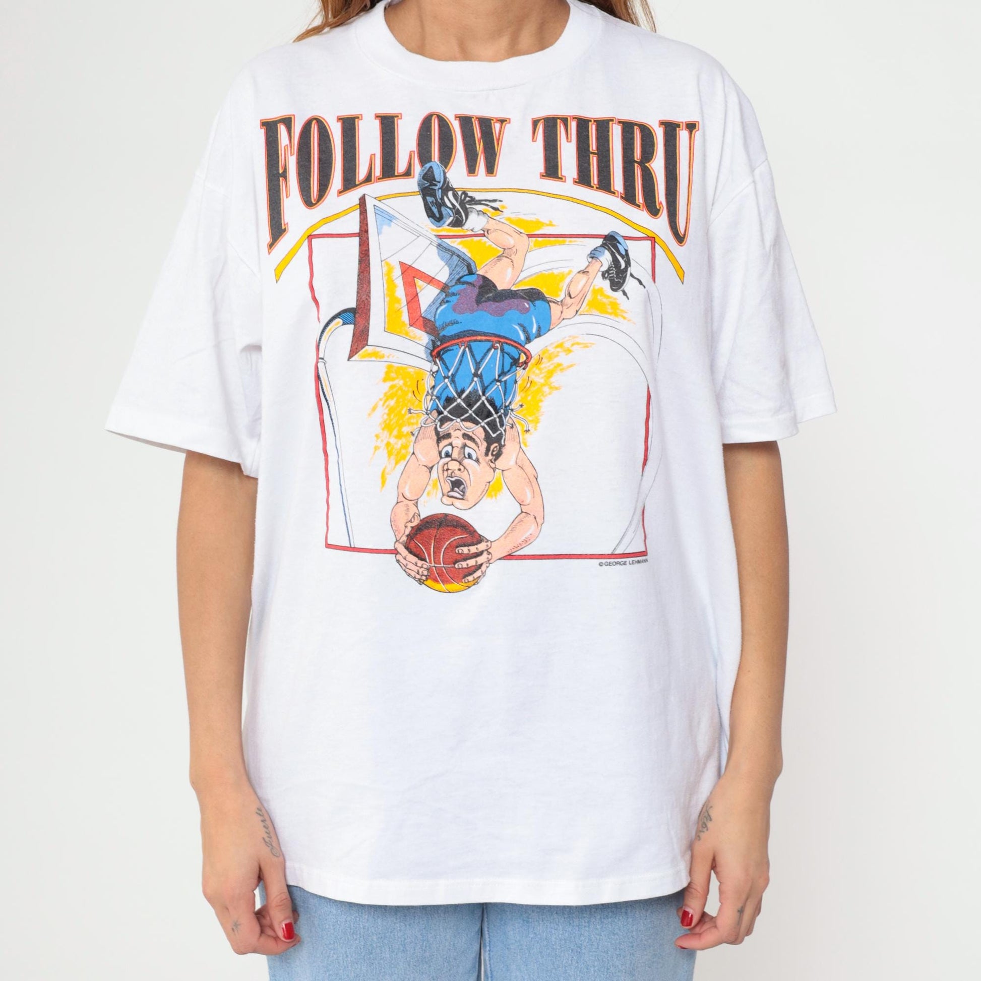 90s Jerzees Follow Thru Basketball Graphic Tee White Cartoon Dunk Extra Large XL