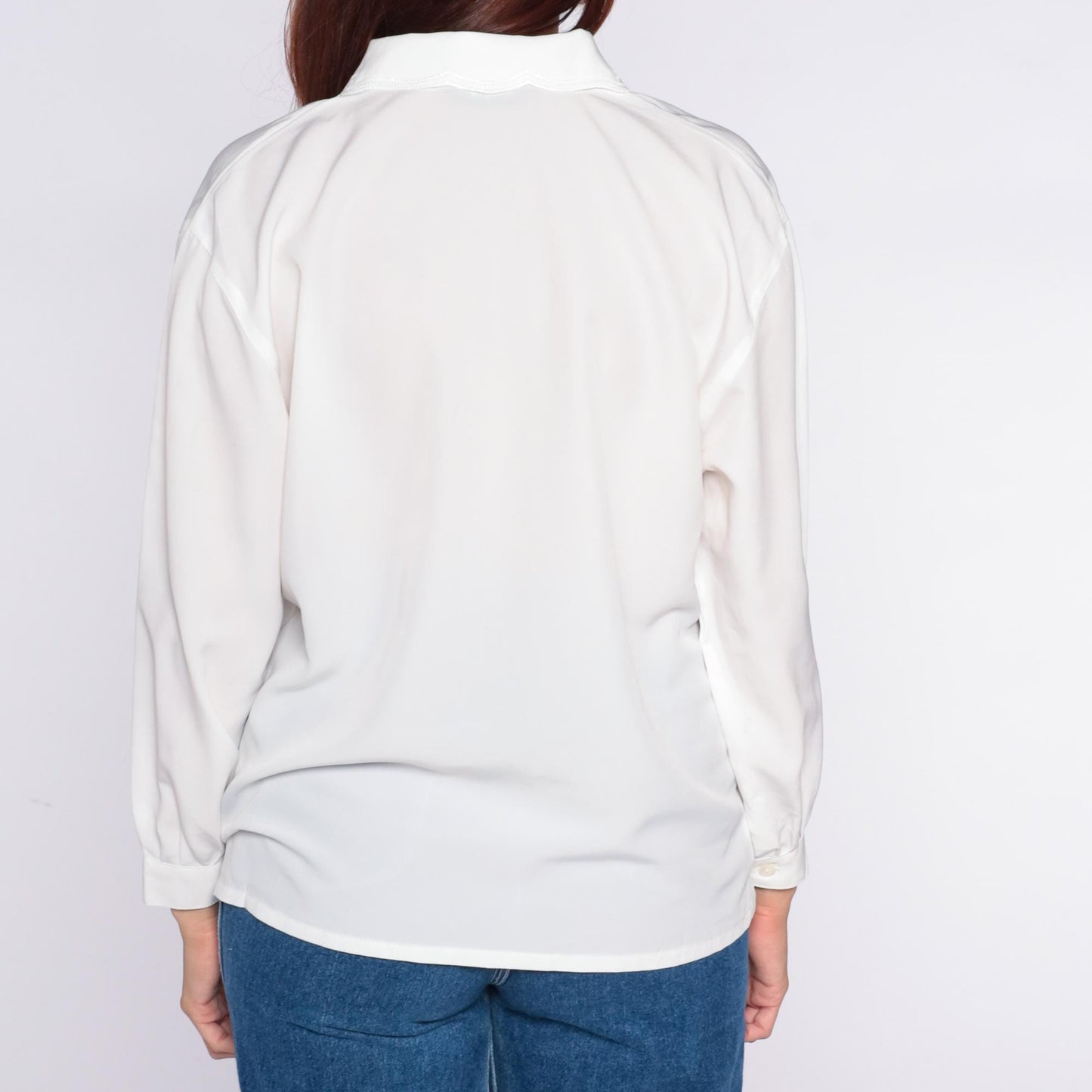 90s Embroidered Collar Blouse White Button Front Long Sleeve Medium